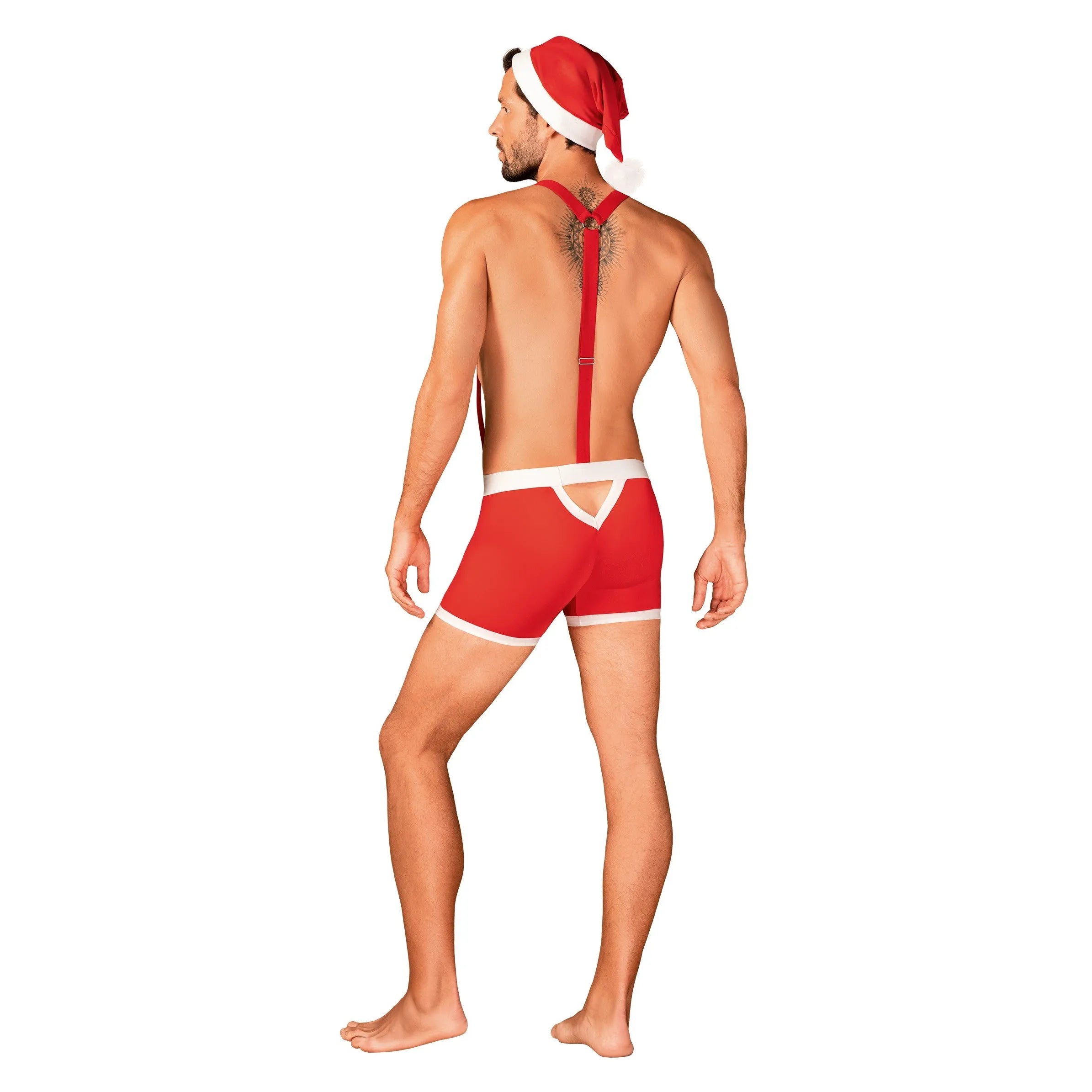 Caleçon rouge homme avec bretelles réglables et bonnet de Noël à pompon, esprit festif et élégant pour les fêtes.