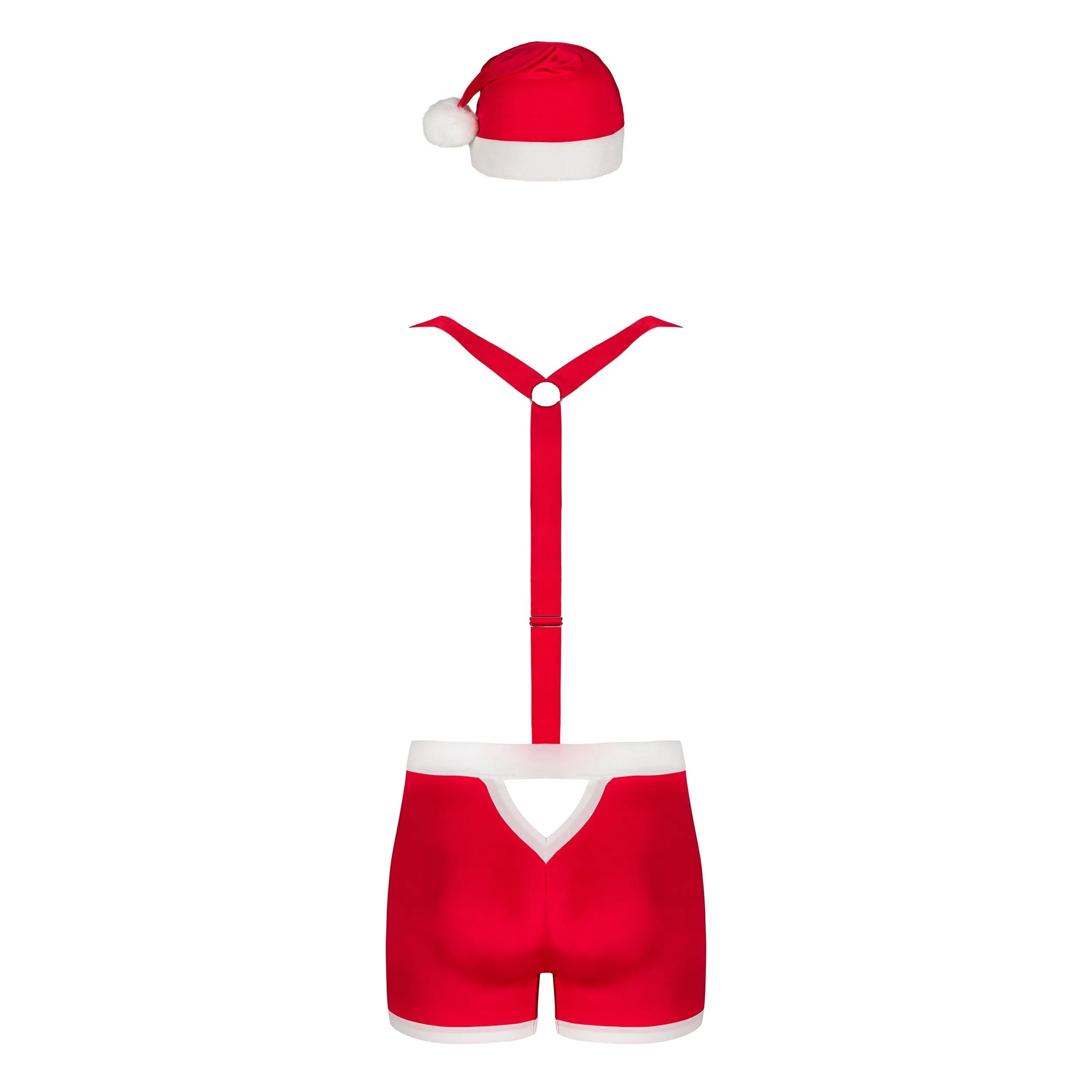 Caleçon rouge homme avec bretelles réglables et bonnet pompon, style Père Noël, pour fêtes de fin d'année.