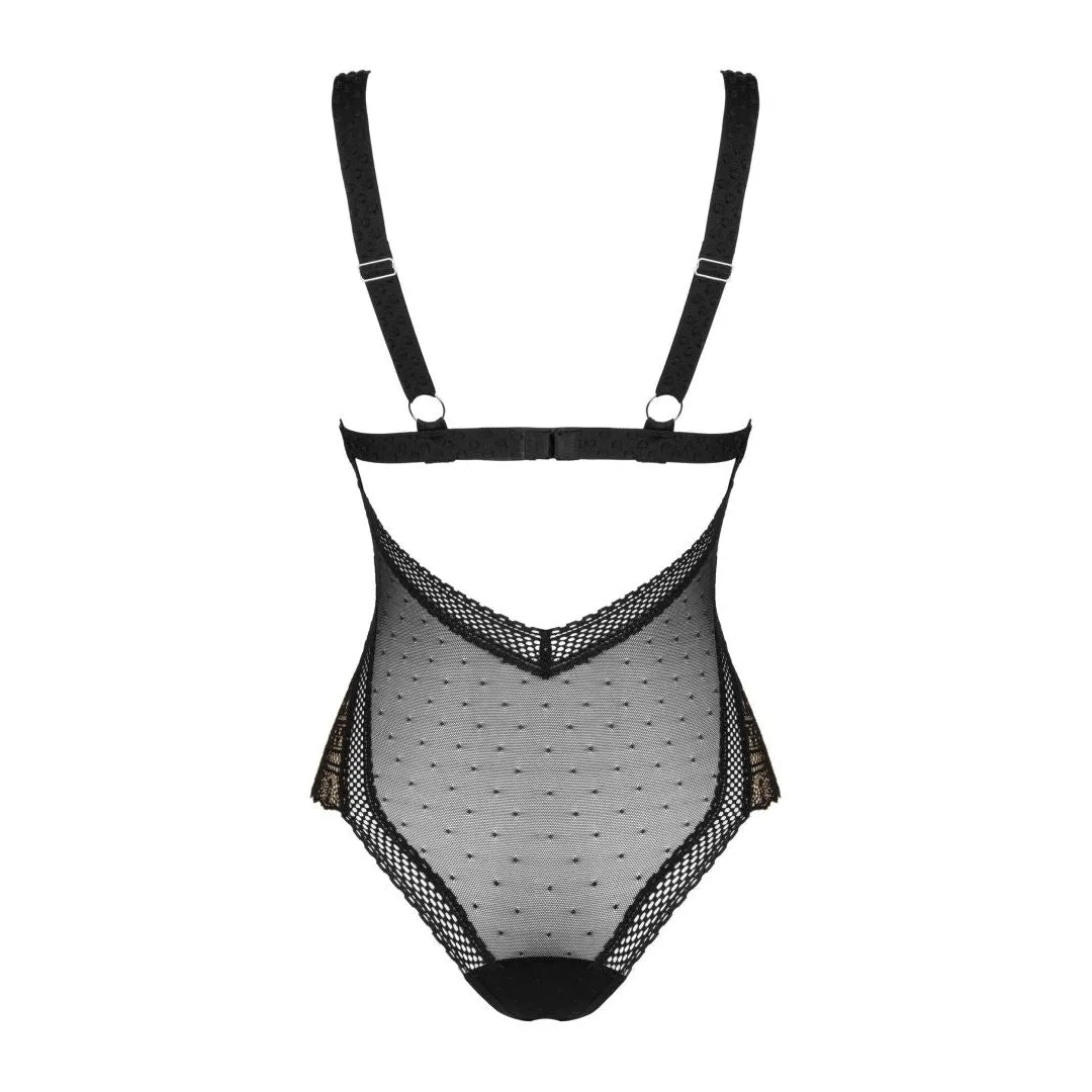 Body noir en dentelle délicate, dos ouvert, bretelles réglables, matière translucide, design sexy et raffiné.