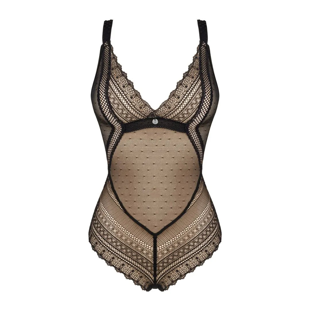 Body noir dentelle délicate, dos ouvert, bretelles réglables, matière translucide, raffiné et sensuel.