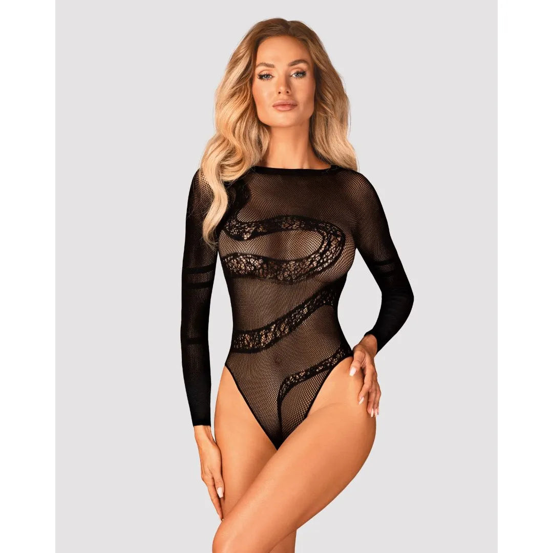 Body noir motif serpent, maille transparente, dos ouvert, entrejambe épicé, design sexy et élégant, sublimateur de courbes.