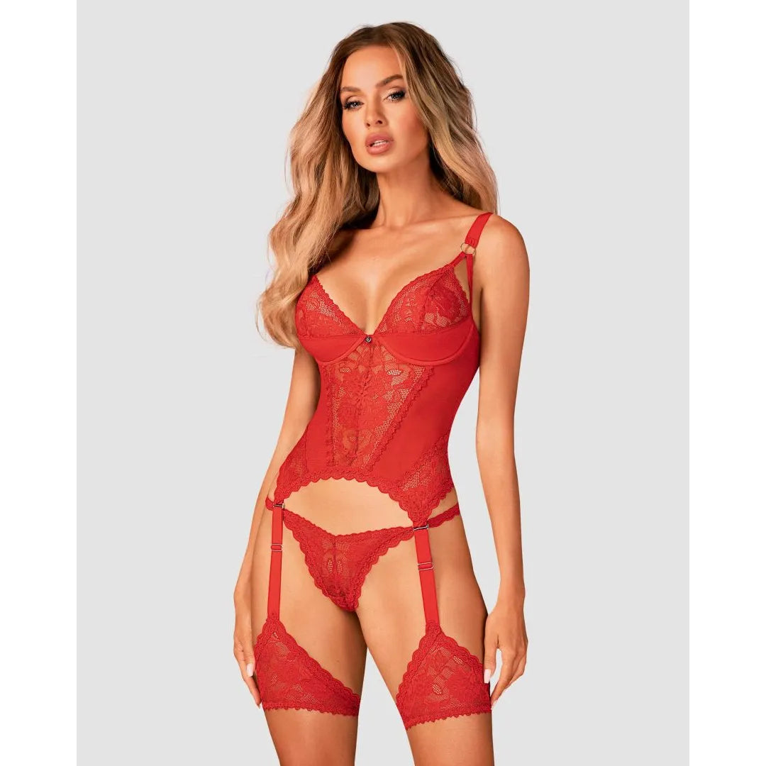 Corset rouge sexy en dentelle avec jarretelles amovibles et soutien-gorge à armatures, Belovya.