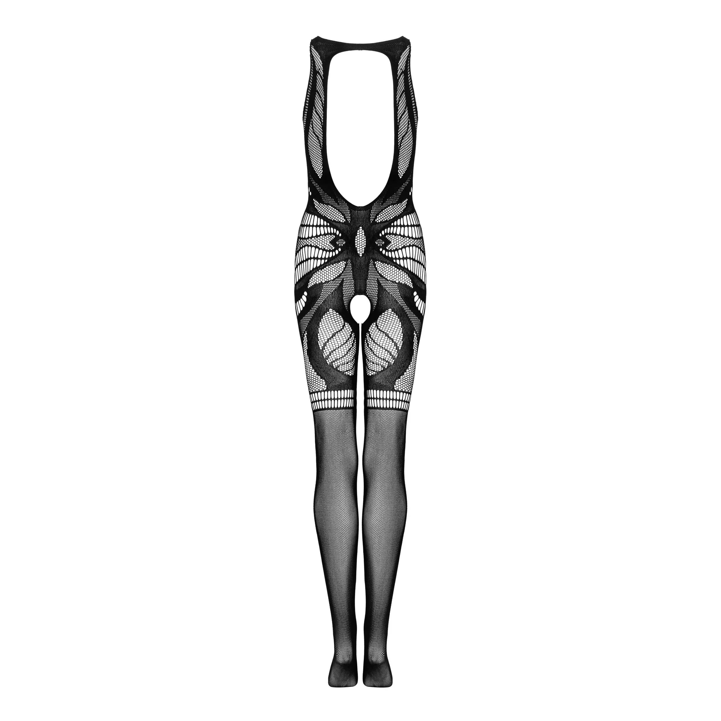 Bodystocking noir G331 avec décolleté ouvert, motifs séduisants, en nylon et élasthanne, pour allure élégante et audacieuse.