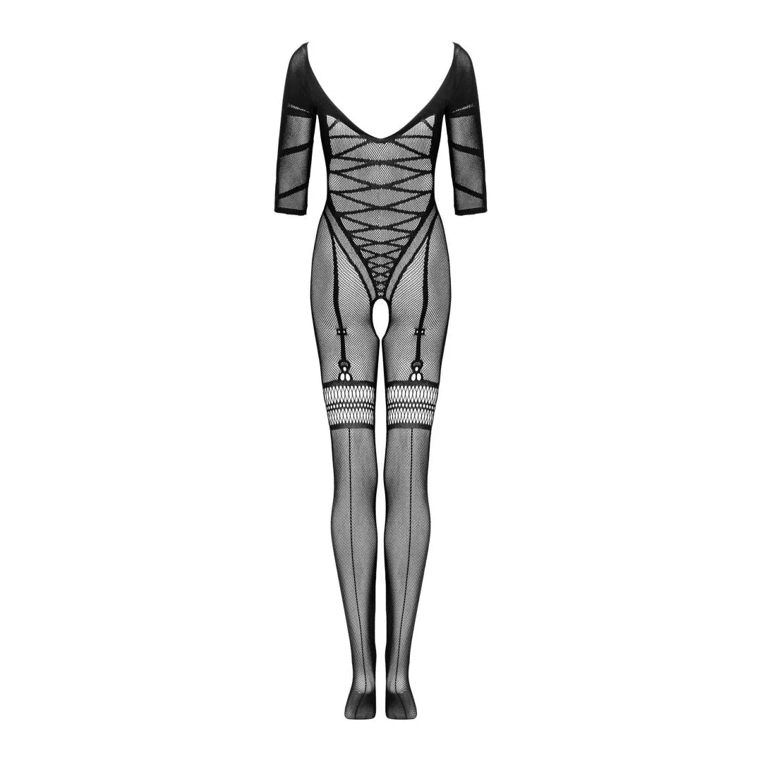 Bodystocking noir motif corset géométrique, manches trois-quarts, design amincissant, allure sexy et élégante.