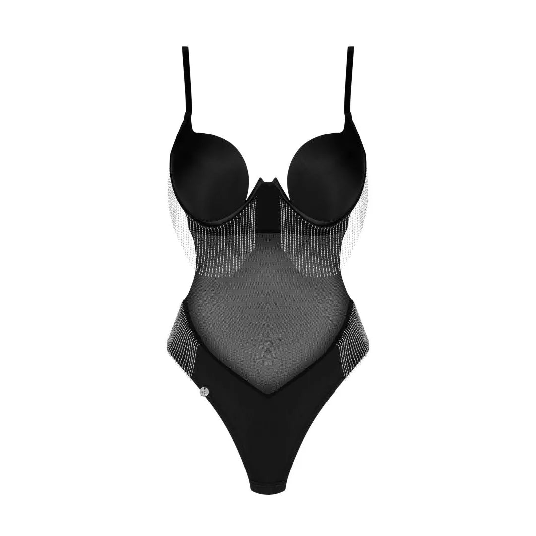Milladis body noir sexy perles argentées lingerie féminine élégante ajustable
