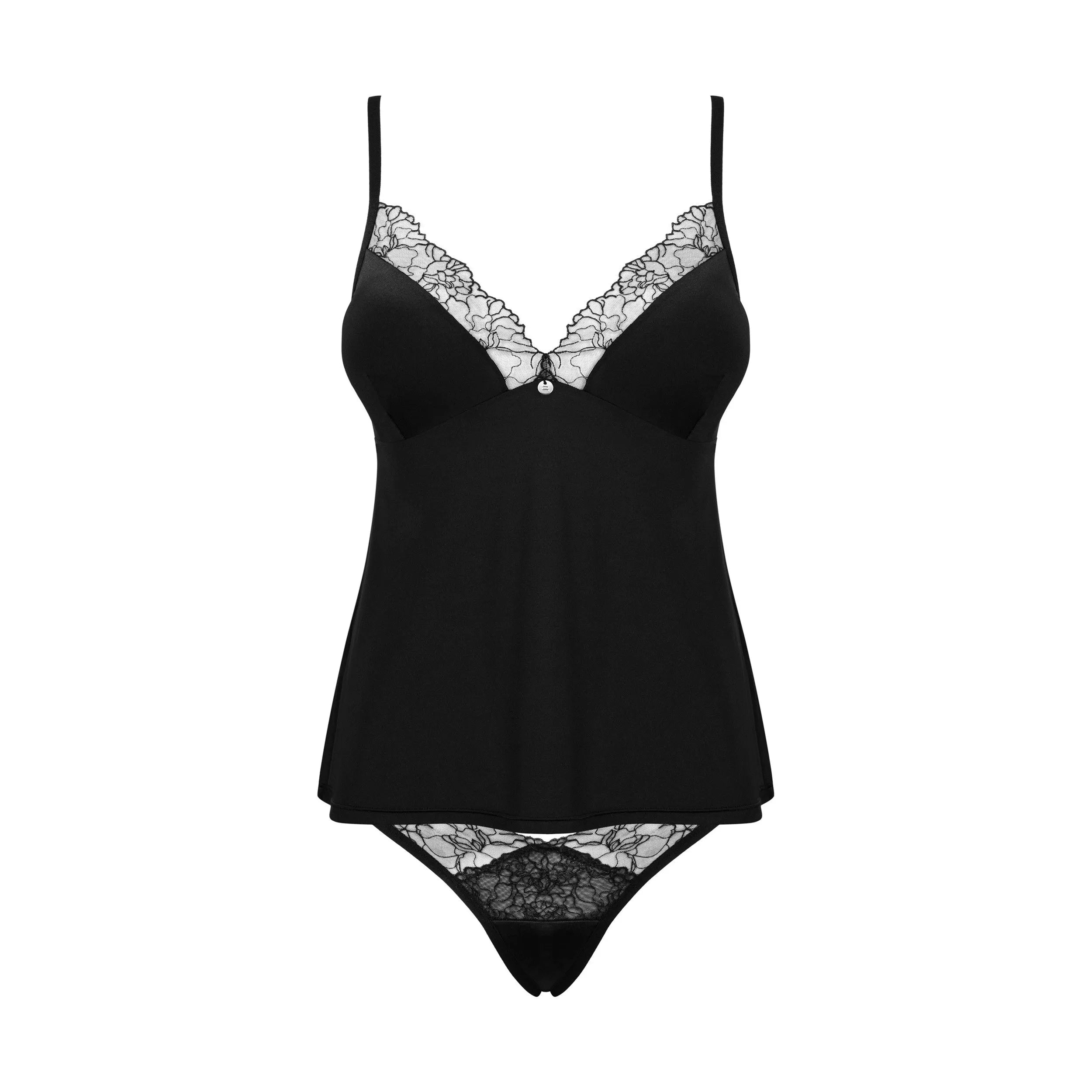 Ensemble lingerie noir Bella Rou, top et culotte en tulle brodé floral, élégant et raffiné.