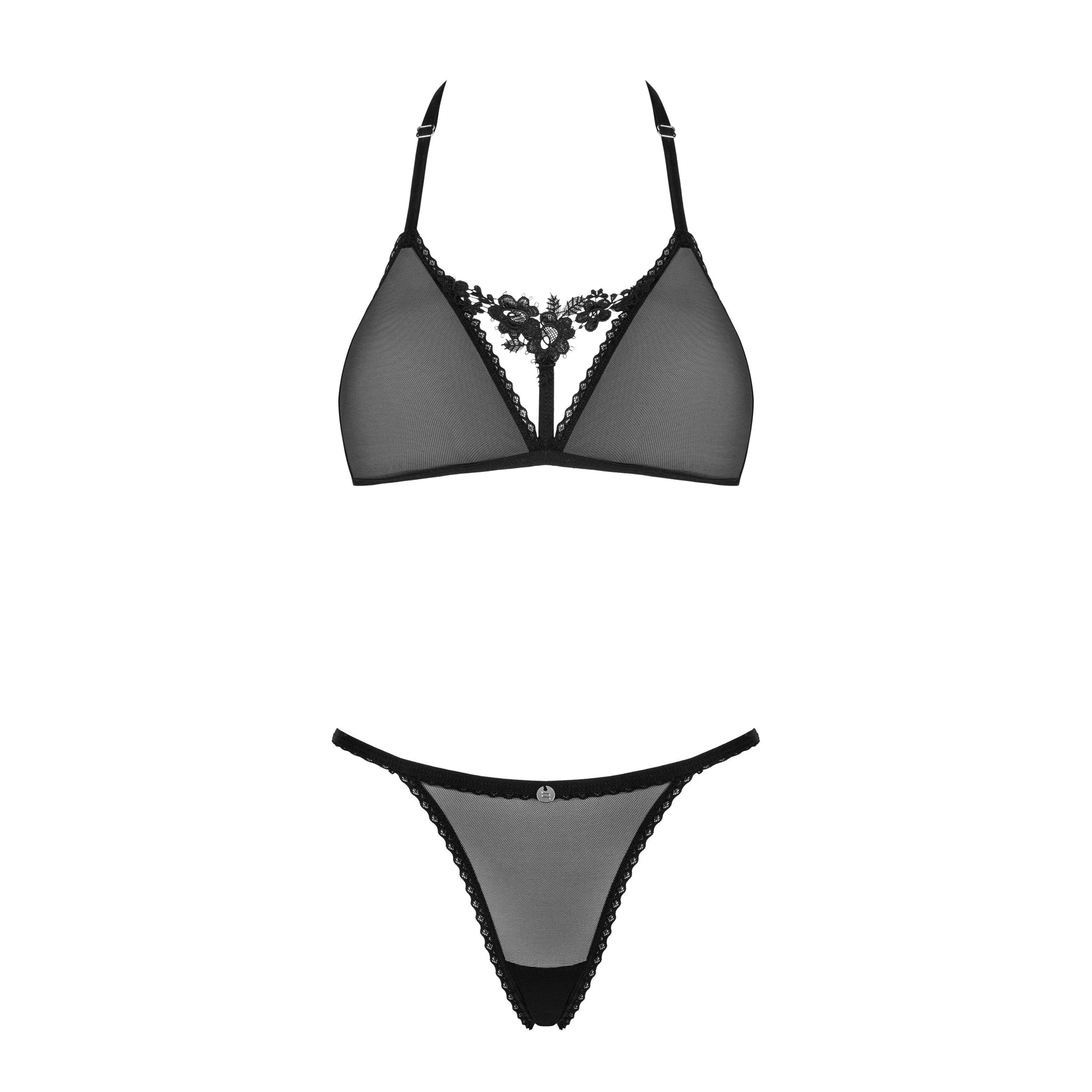 Ensemble lingerie noir dentelle guipure florale, résille transparente, élégant et séduisant, sublimant la féminité.