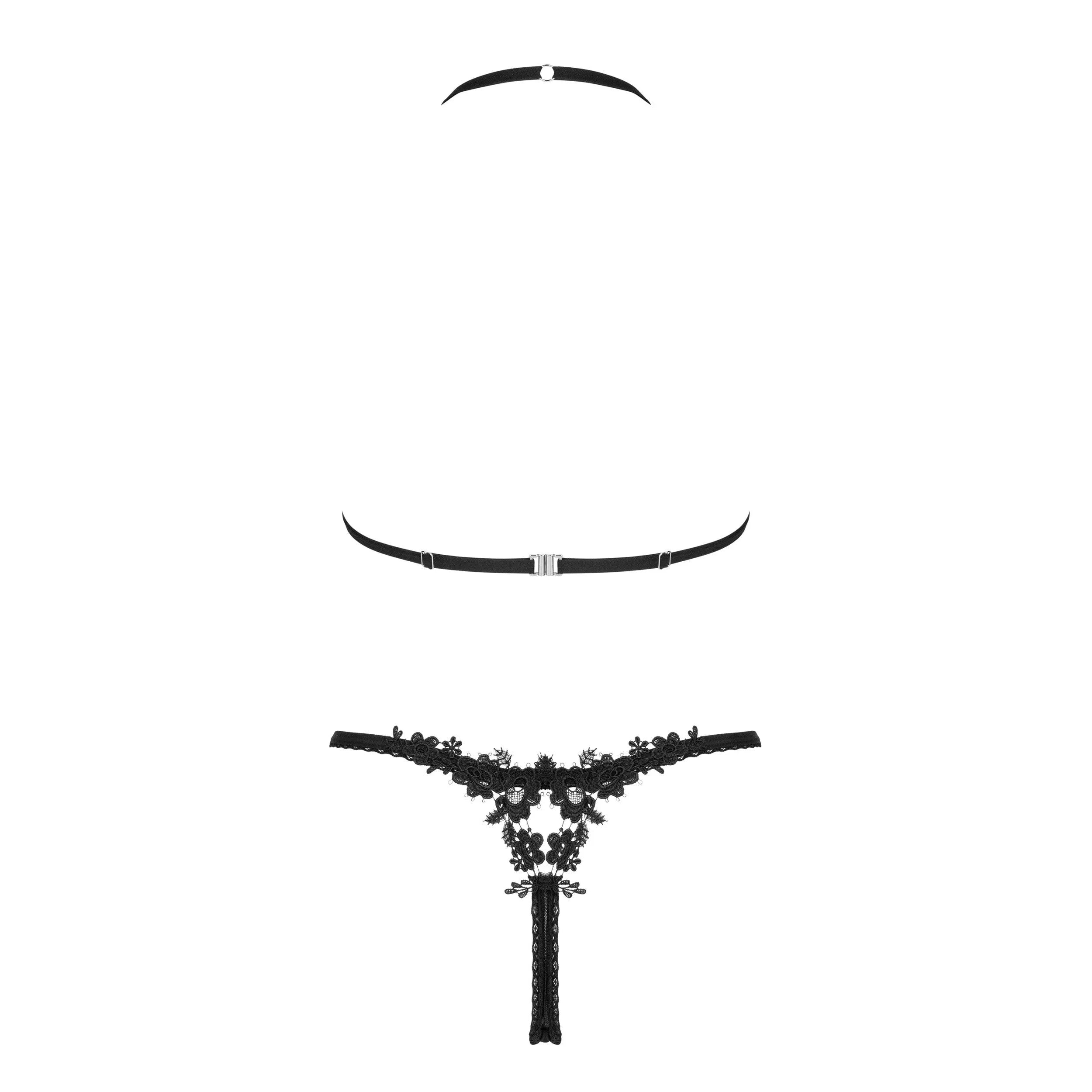Ensemble lingerie noir dentelle guipure florale, résille transparente, design élégant et séduisant, Celia.