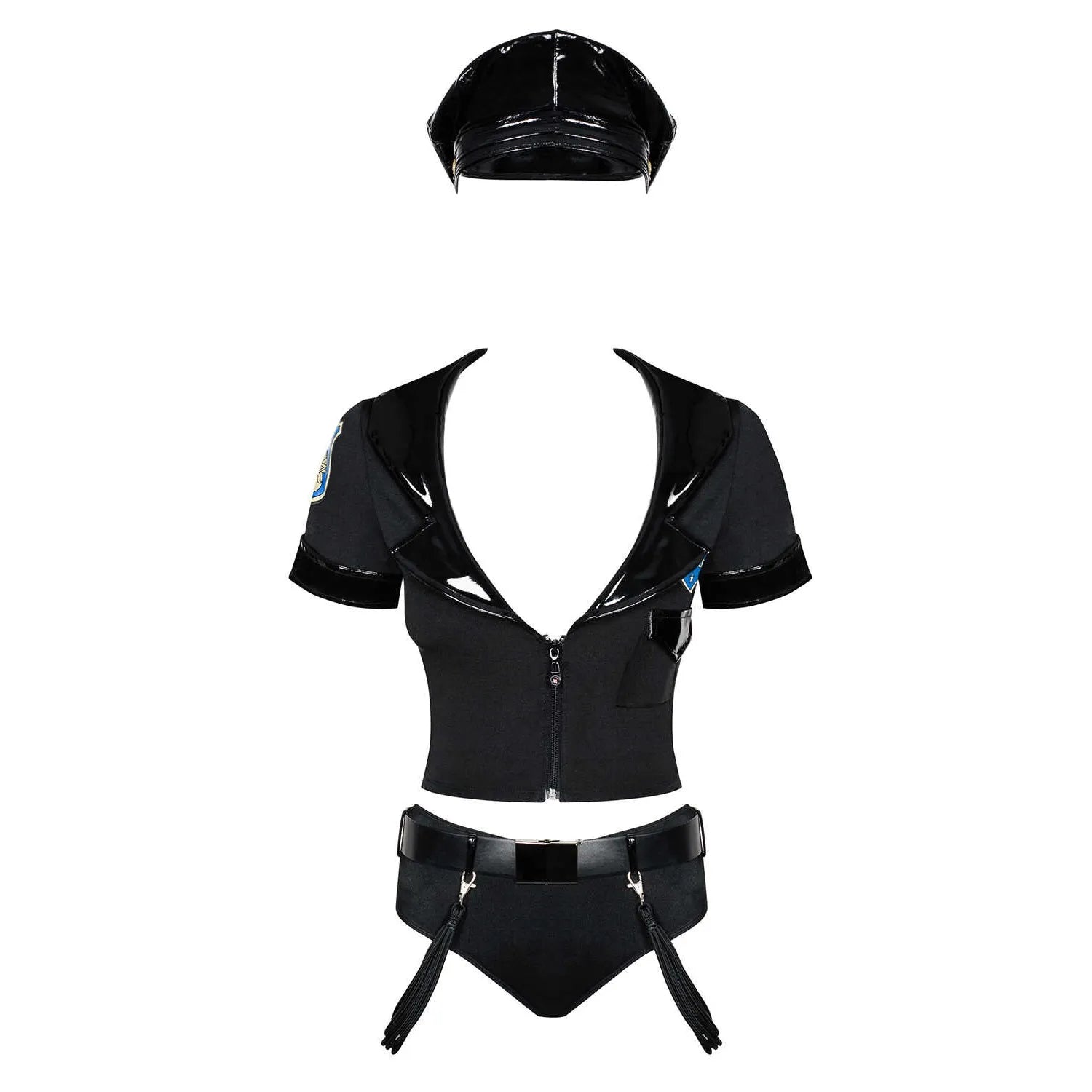 Costume policière femme vinyle noir, haut zippé, badges, ceinture, chapeau, style séduction chic et audacieux.