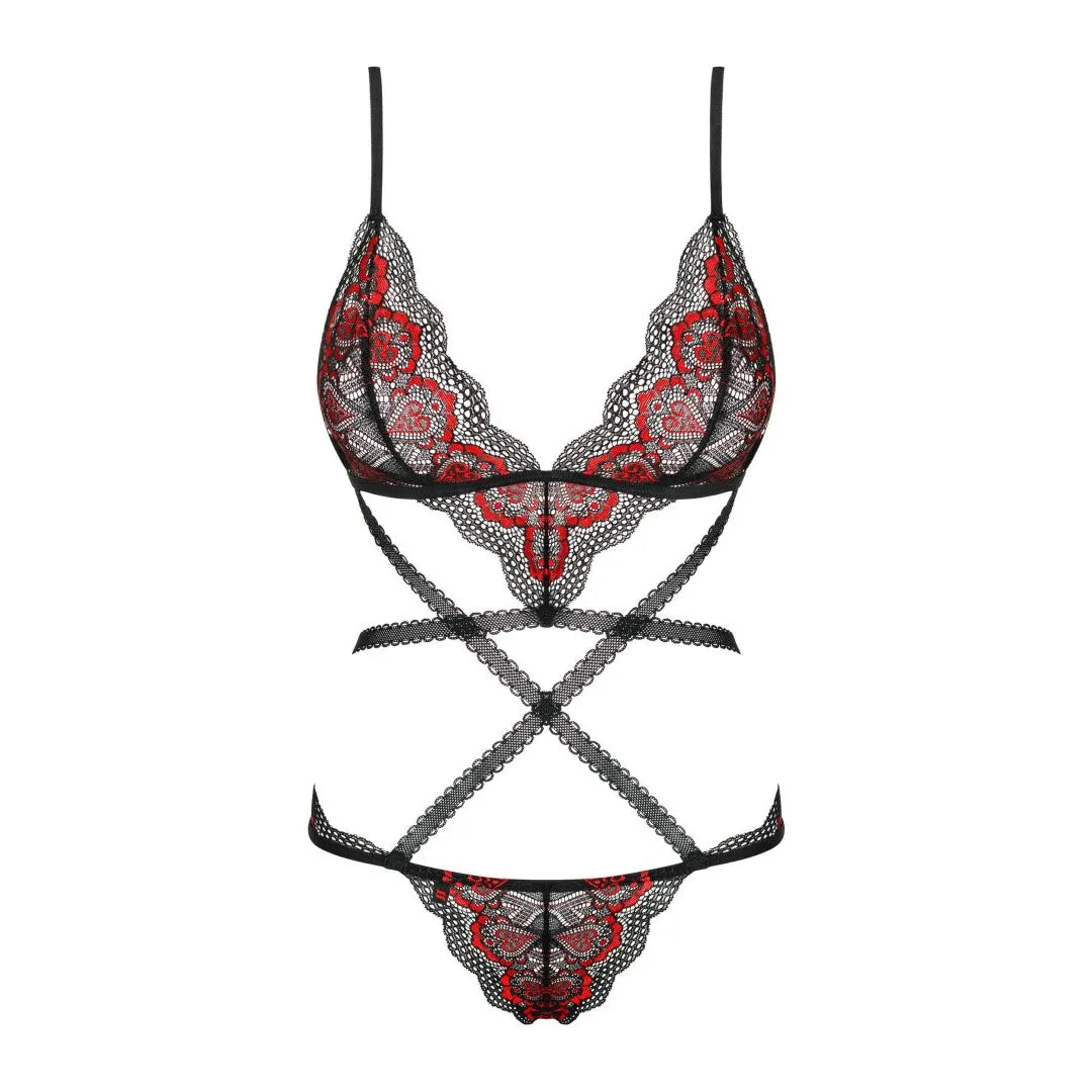 Body dentelle noir rouge, sangles ajustables, motifs floraux, style élégant et sensuel pour femmes.