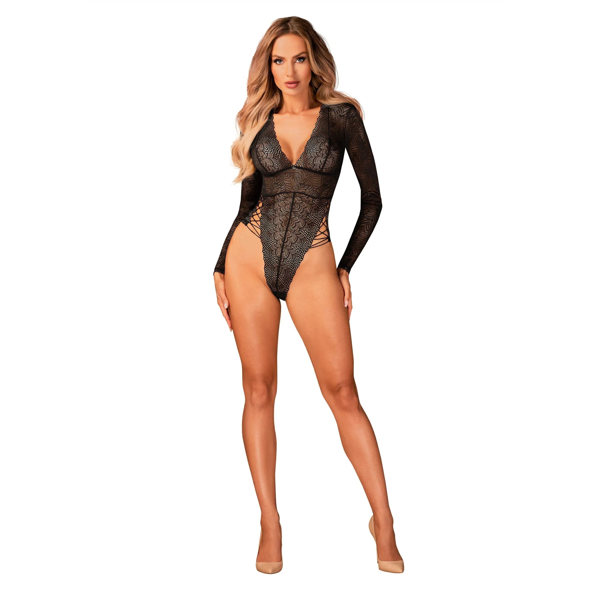 Merlys body noir dentelle sexy laçage hanches pendentif élégant