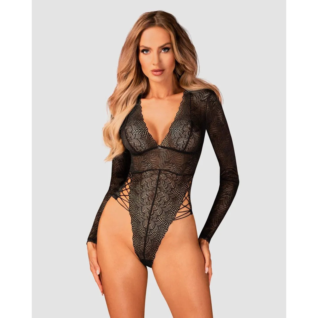 Merlys body noir dentelle sexy laçage hanches pendentif élégant