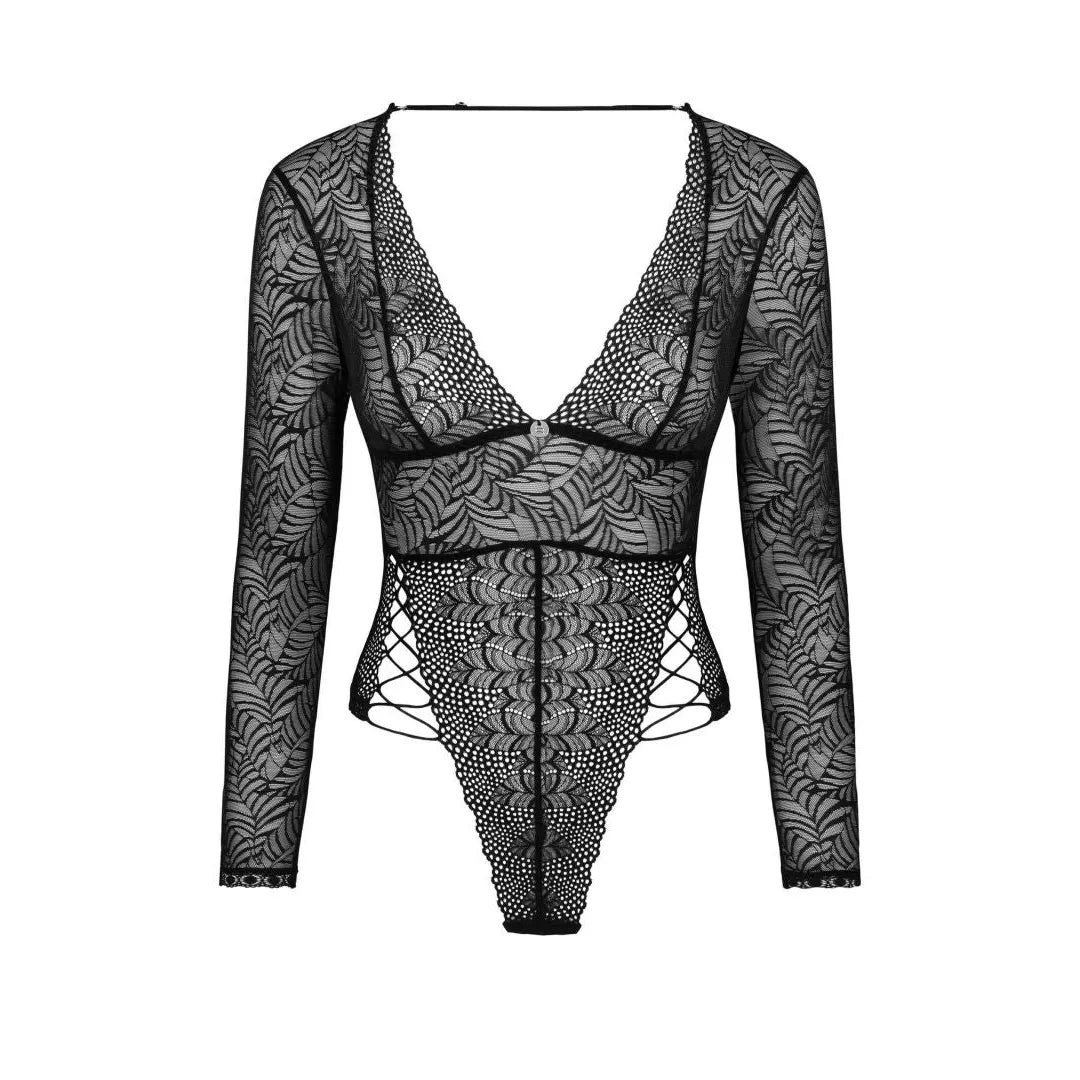 Merlys body noir dentelle sexy laçage hanches pendentif élégant