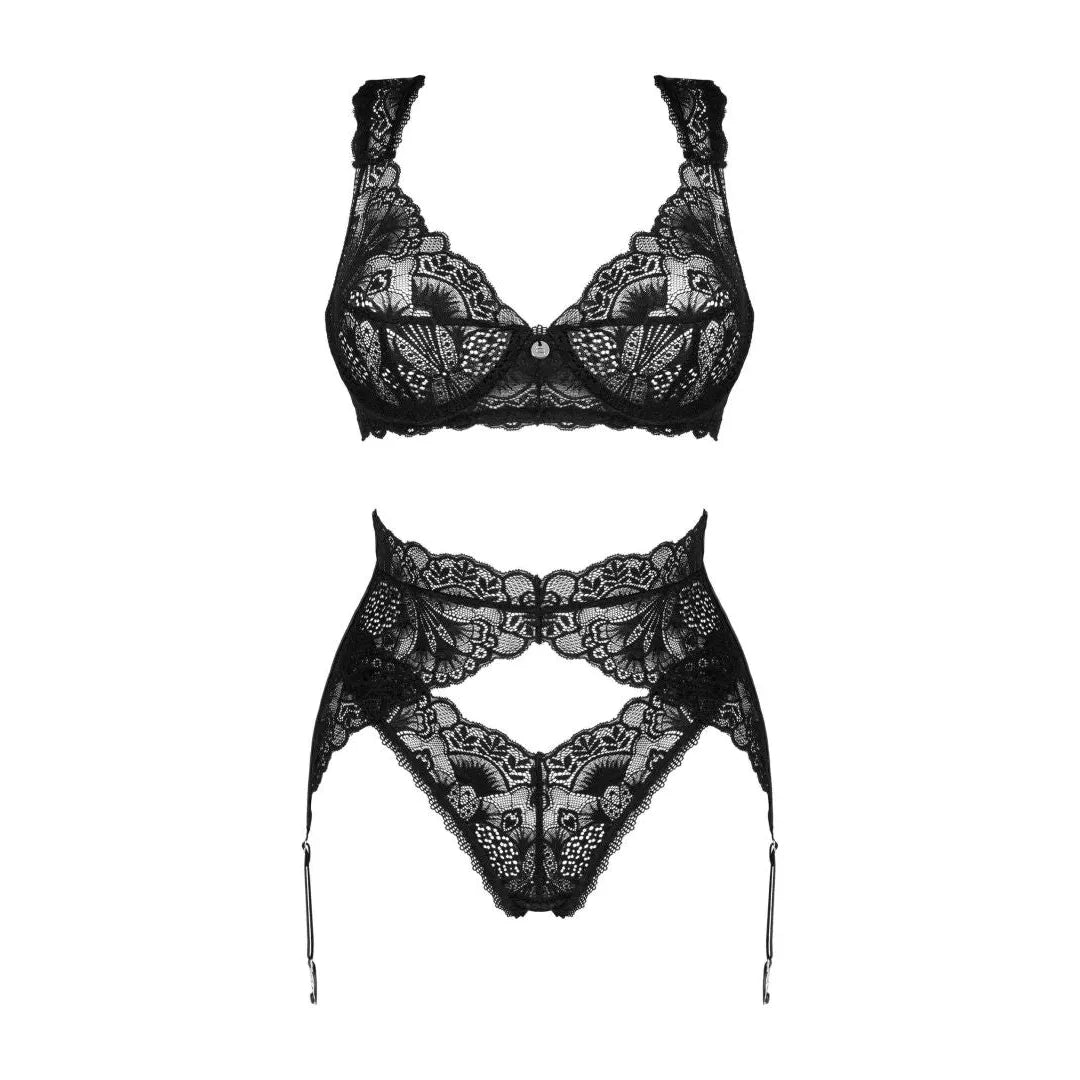 Ensemble lingerie dentelle noir avec porte-jarretelles et soutien-gorge réglable