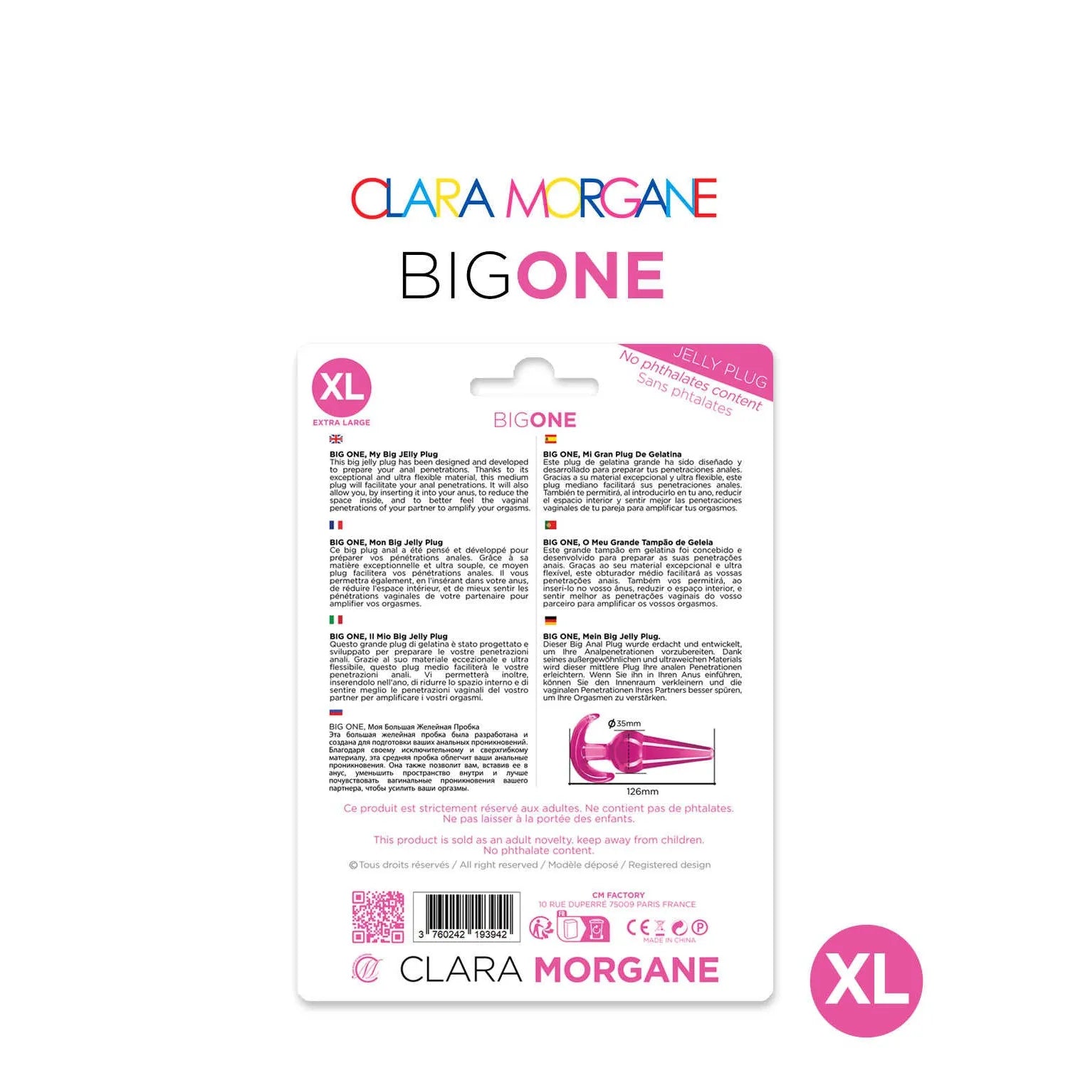 Alt text : Plug anal rose XL Clara Morgane, jelly doux, forme effilée, sans phtalates, waterproof, pour usage anal.