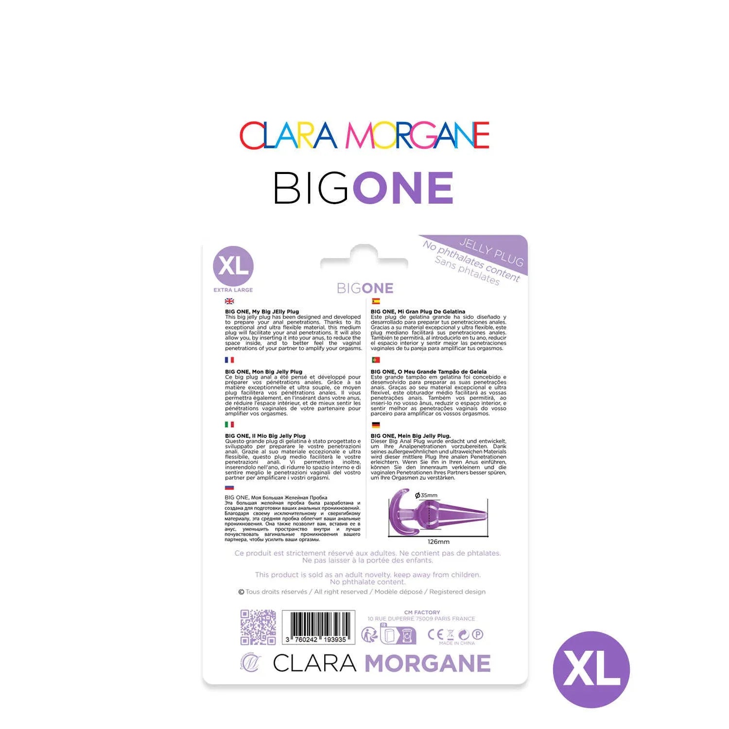 Plug anal XL Clara Morgane violet en jelly doux, sans phtalates, waterproof, pour homme, femme et couple.