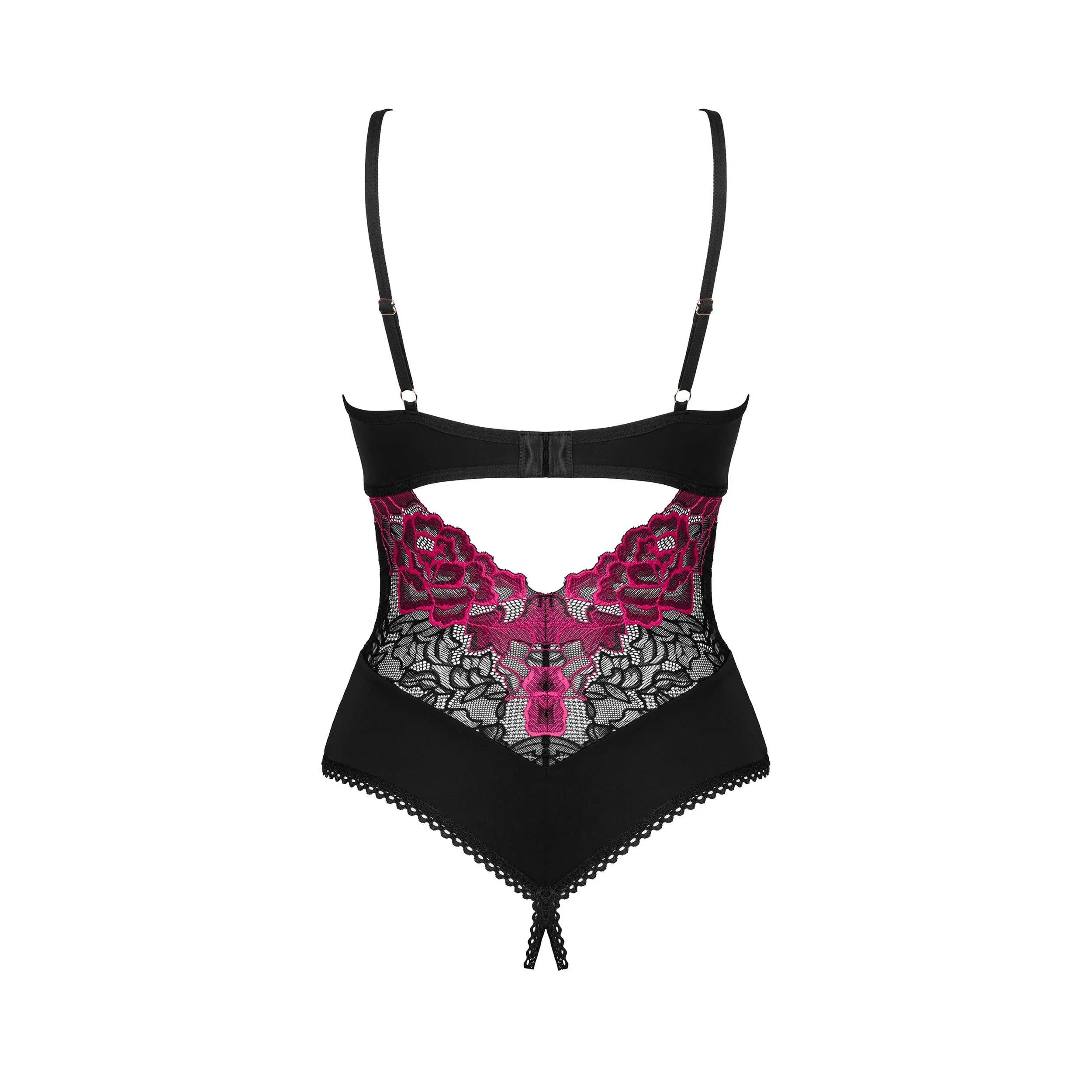 Teddy ouvert lingerie noire dentelle résille motif floral bretelles réglables