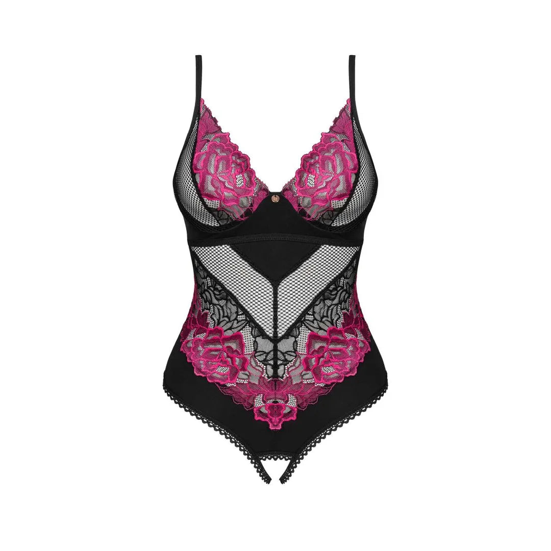 Teddy ouvert lingerie noire dentelle résille motif floral bretelles réglables