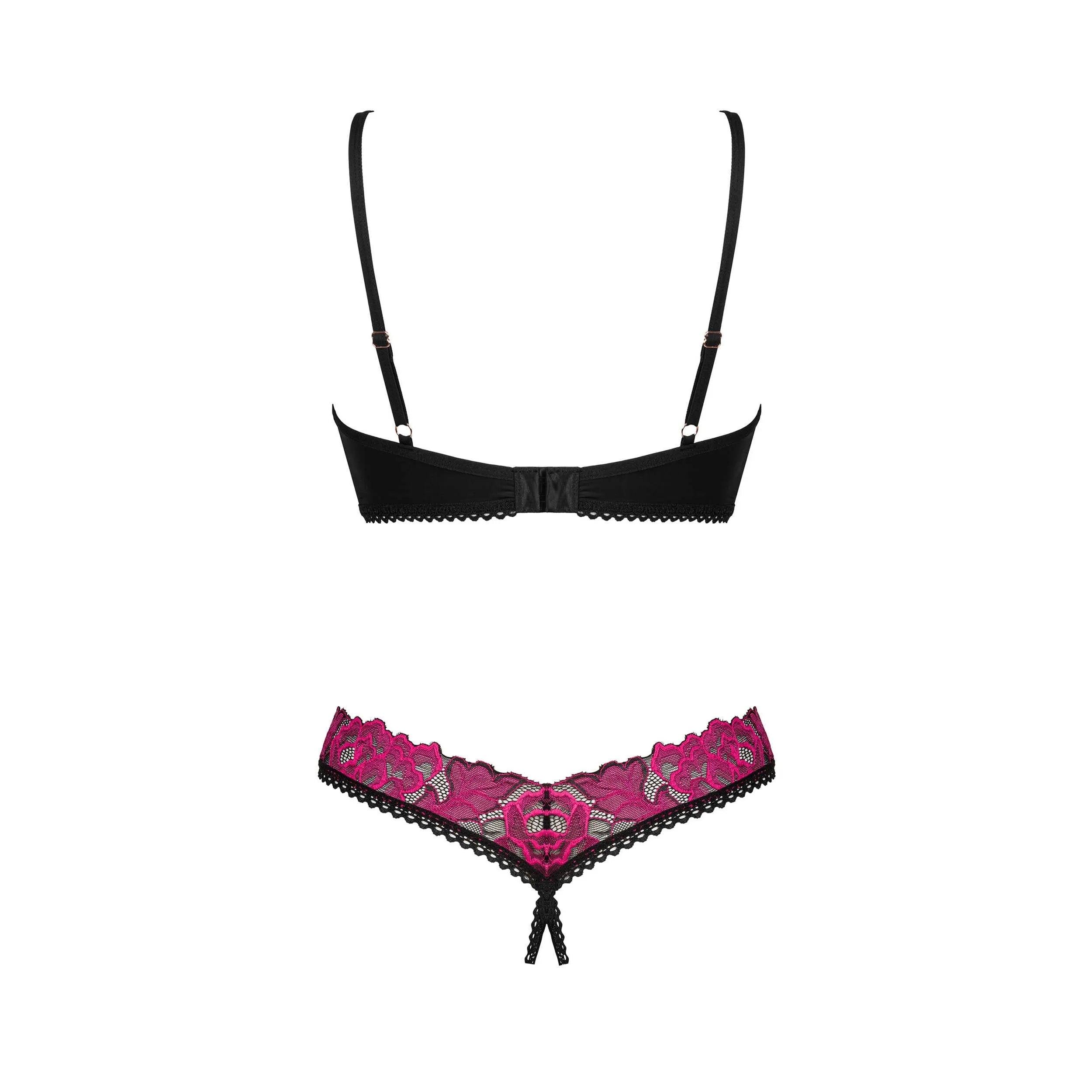 Ensemble lingerie sexy 2 pièces Rosenty string ouvert broderie rose