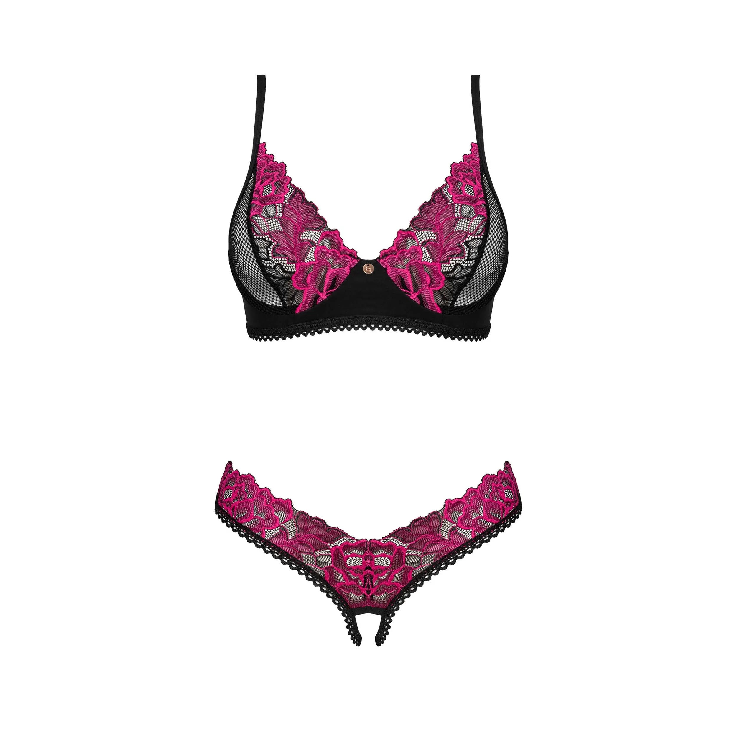 Ensemble lingerie sexy 2 pièces Rosenty string ouvert broderie rose