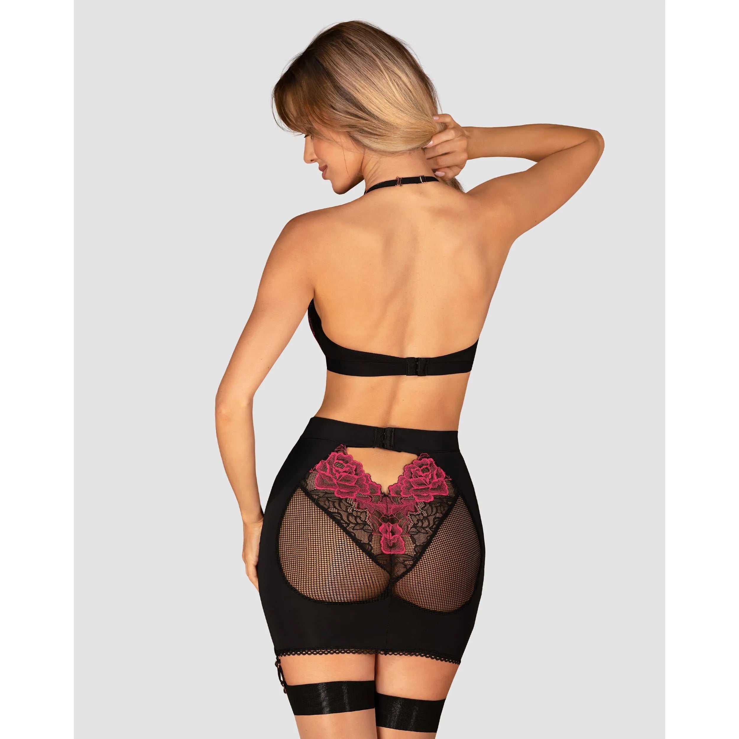 Rosenty ensemble Top Jupe lingerie noire maille transparente motif floral sensuel
