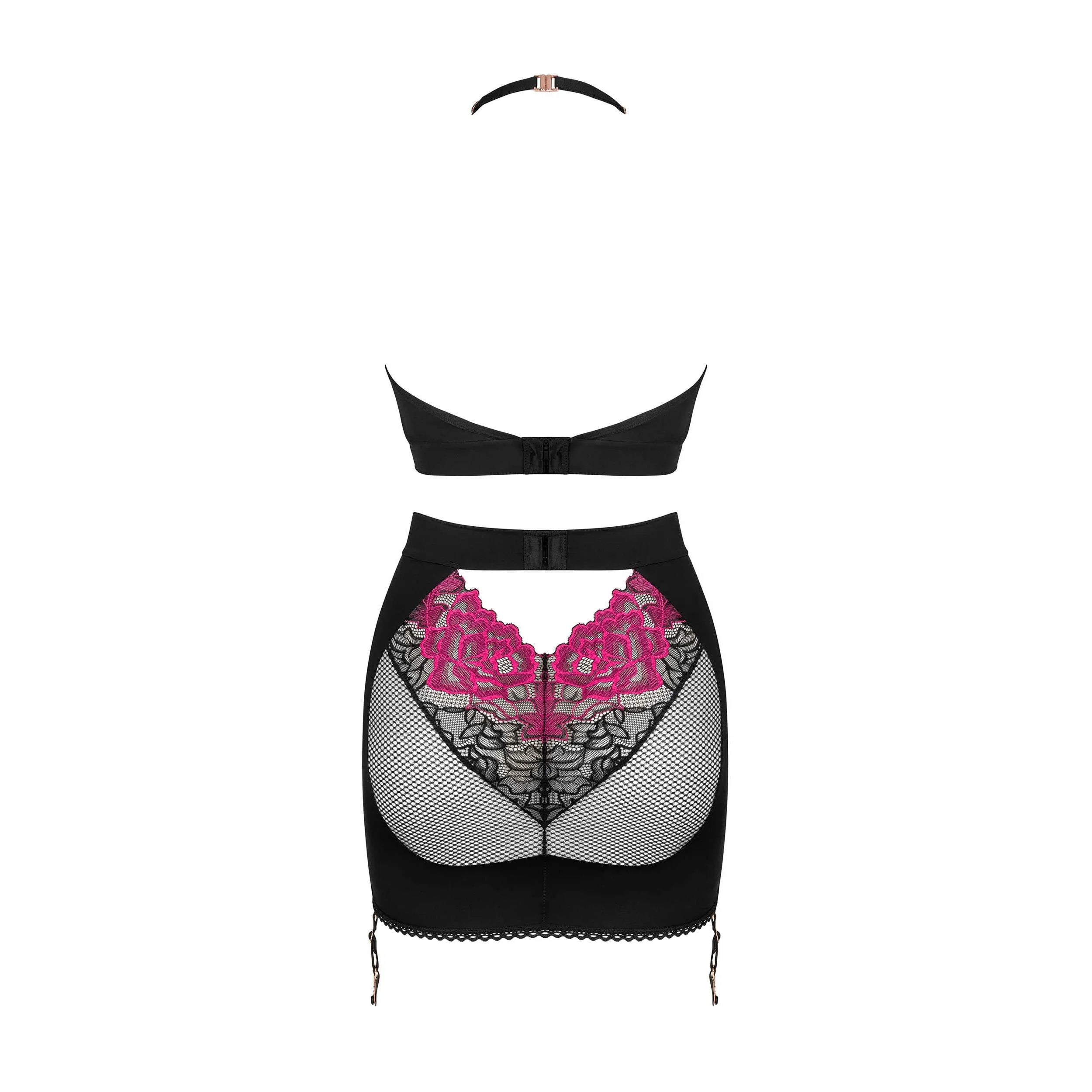 Rosenty ensemble Top Jupe lingerie noire maille transparente motif floral sensuel