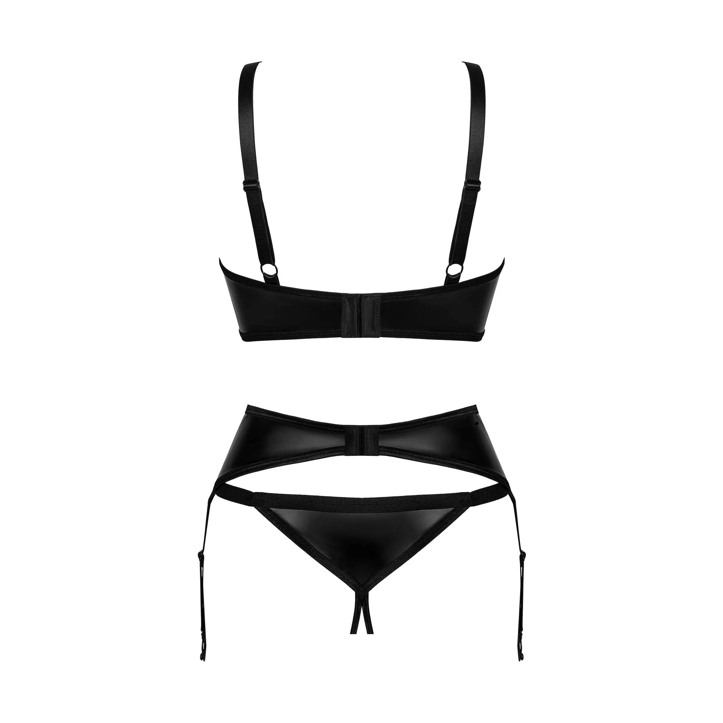 Ensemble lingerie noir Armares 3 pièces ouvert avec soutien-gorge, string et porte-jarretelles, design séduisant.