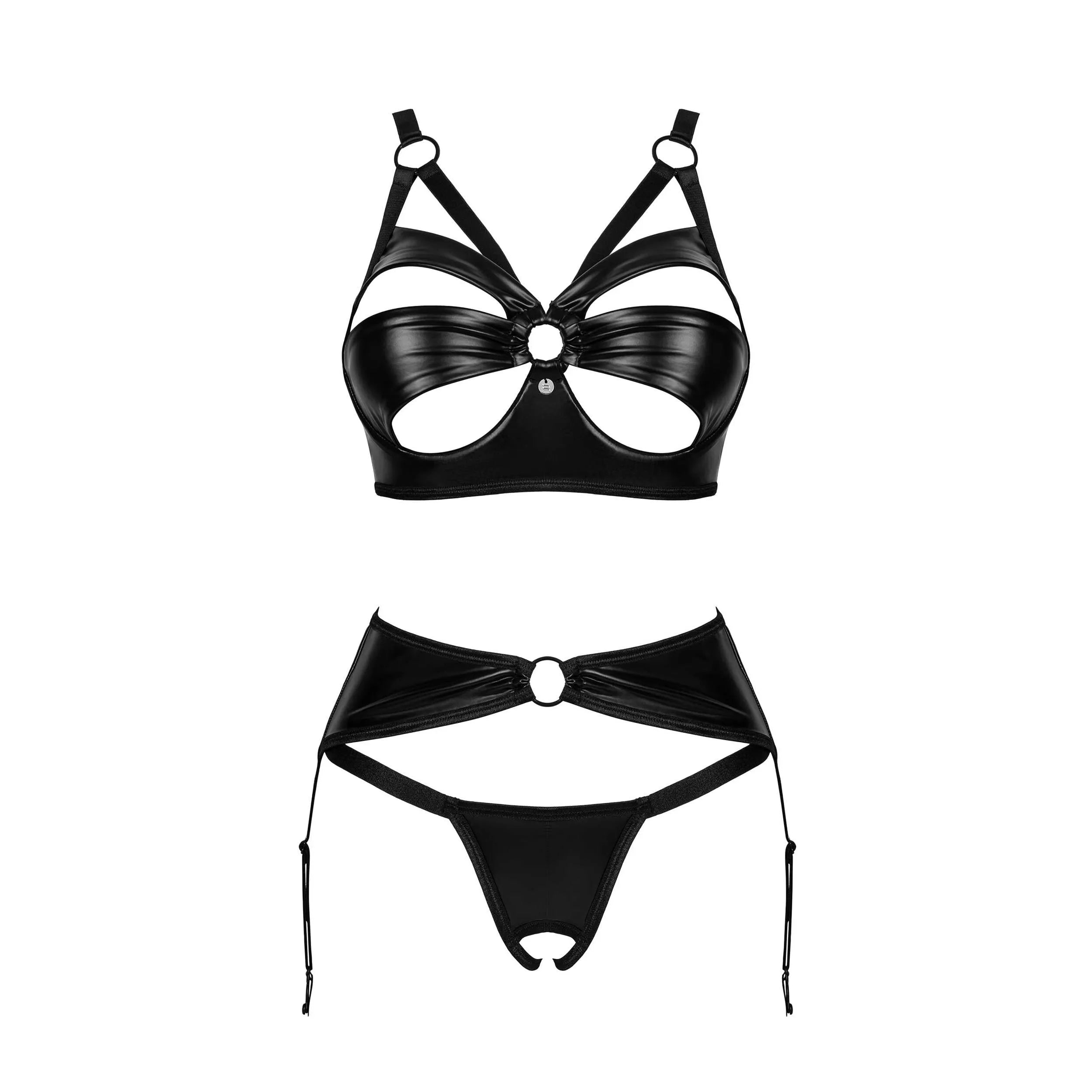 Ensemble lingerie noir Armares 3 pièces ouvert, design séduisant avec soutien-gorge, string et porte-jarretelles.
