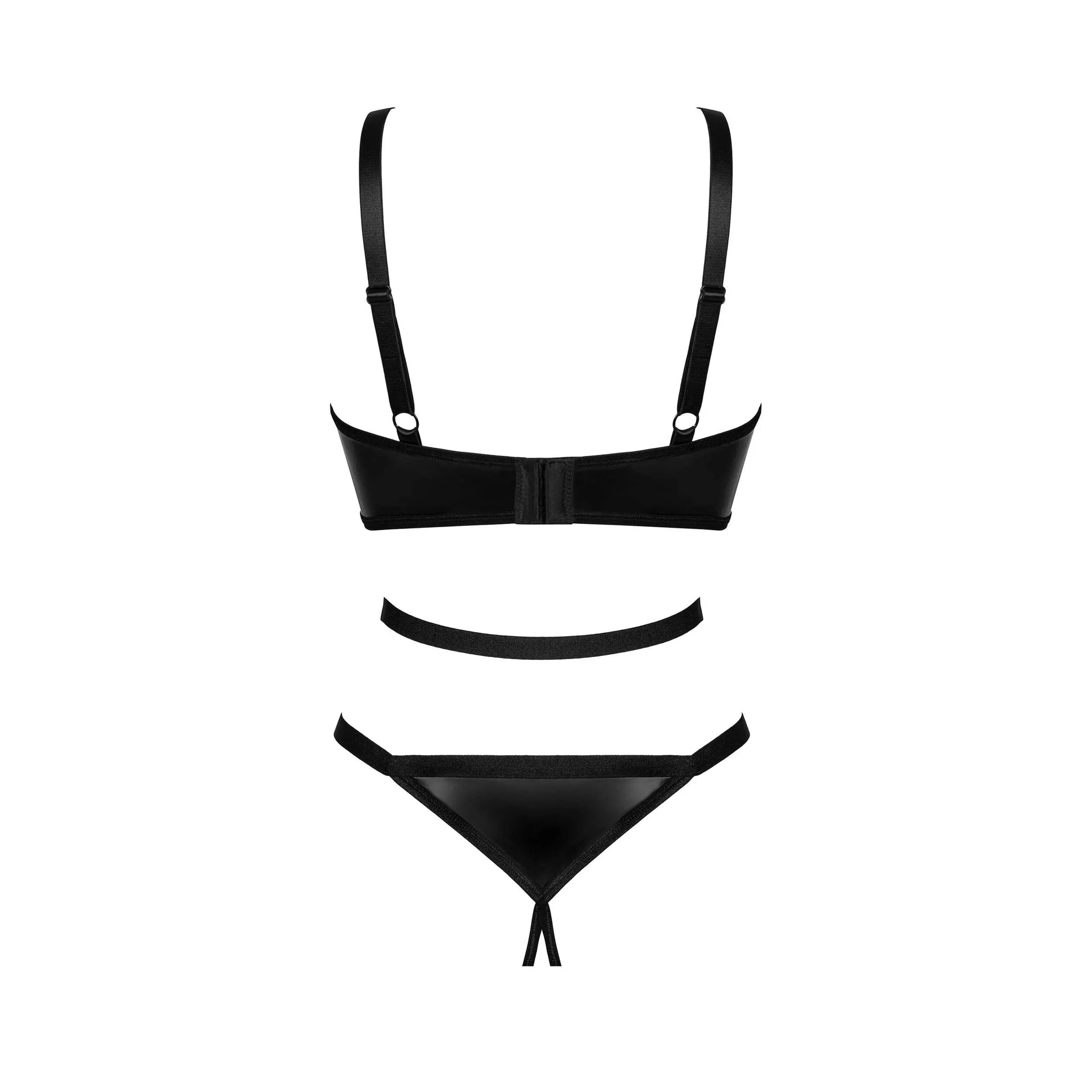 Body noir ouvert avec bonnets à armatures, entrejambe ouvert, design sexy et audacieux, accentue les courbes féminines.