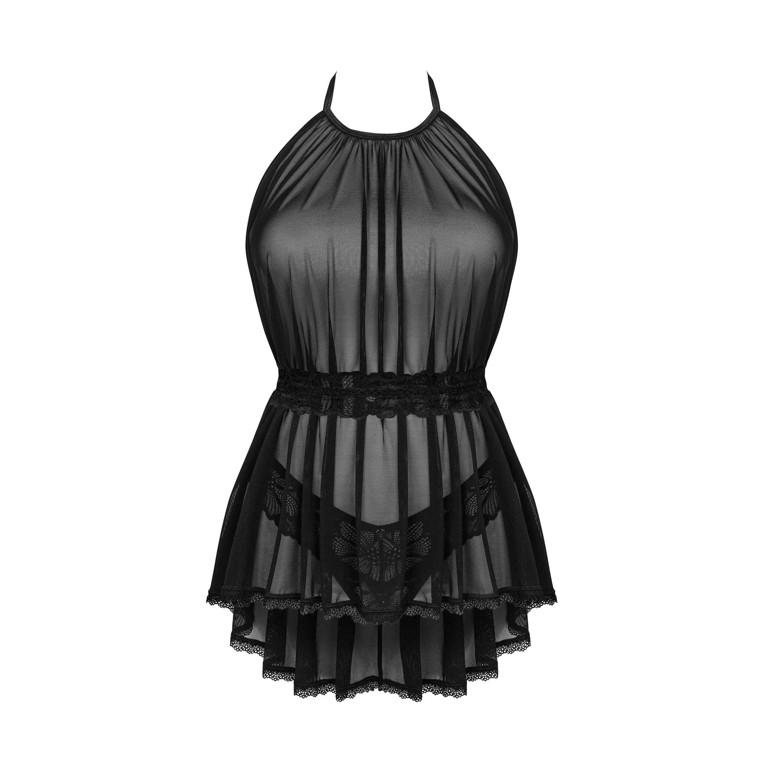 Nuisette babydoll noire Serafia tissu translucide élégant ajustable string
