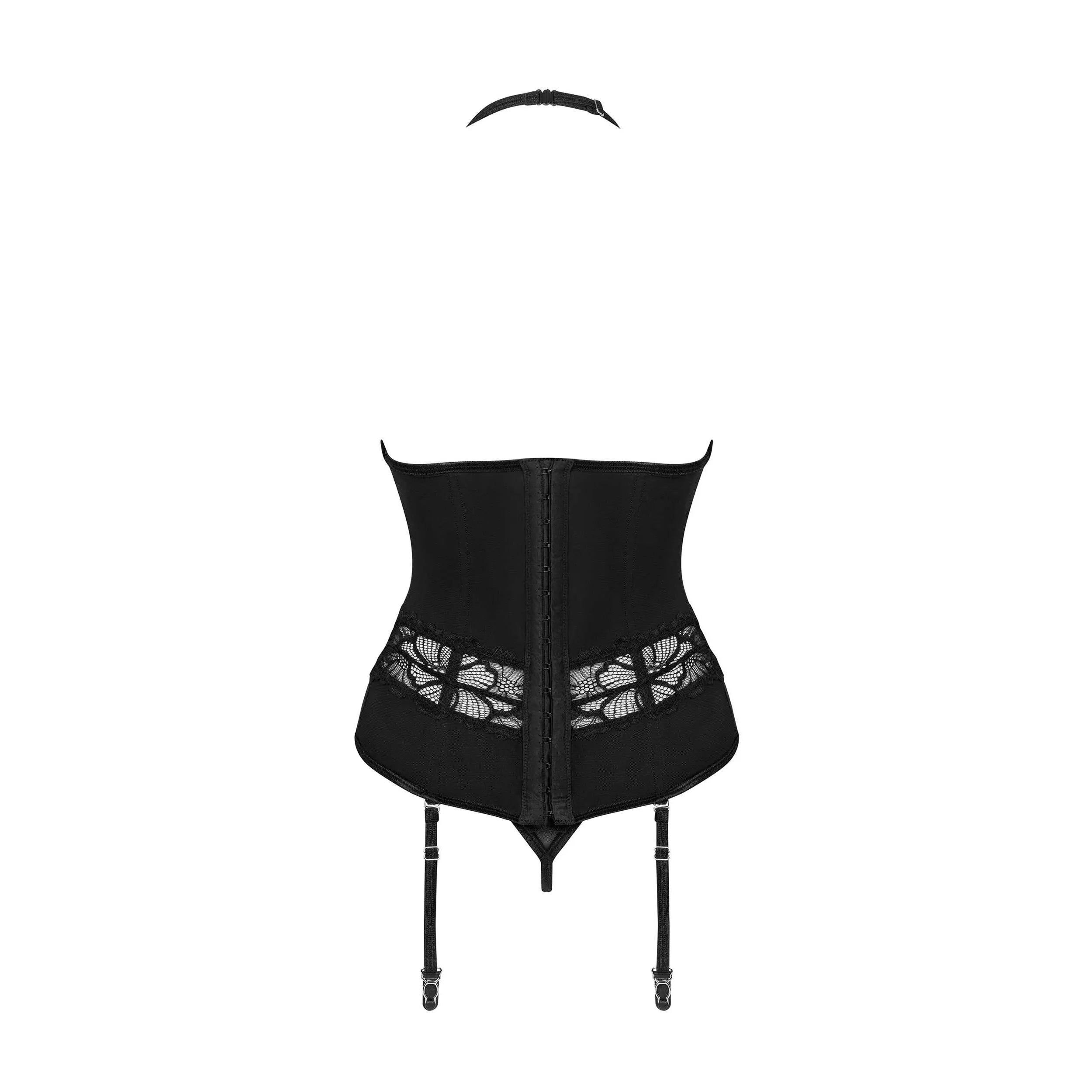 Corset string noir Serafia sexy confortable ajustable matières luxueuses armatures tour de cou