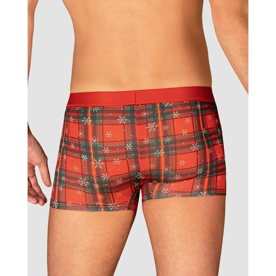 Boxer Noël rouge homme avec motif festif, nœud papillon et pendentif or, idéal pour les fêtes de fin d'année.