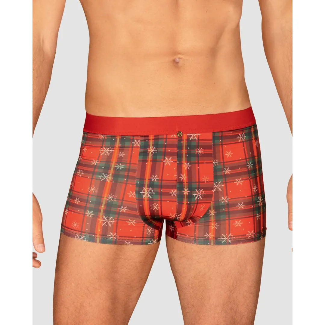 Boxer rouge Noël homme avec motif festif, nœud papillon et pendentif or, élégant et original pour les fêtes.