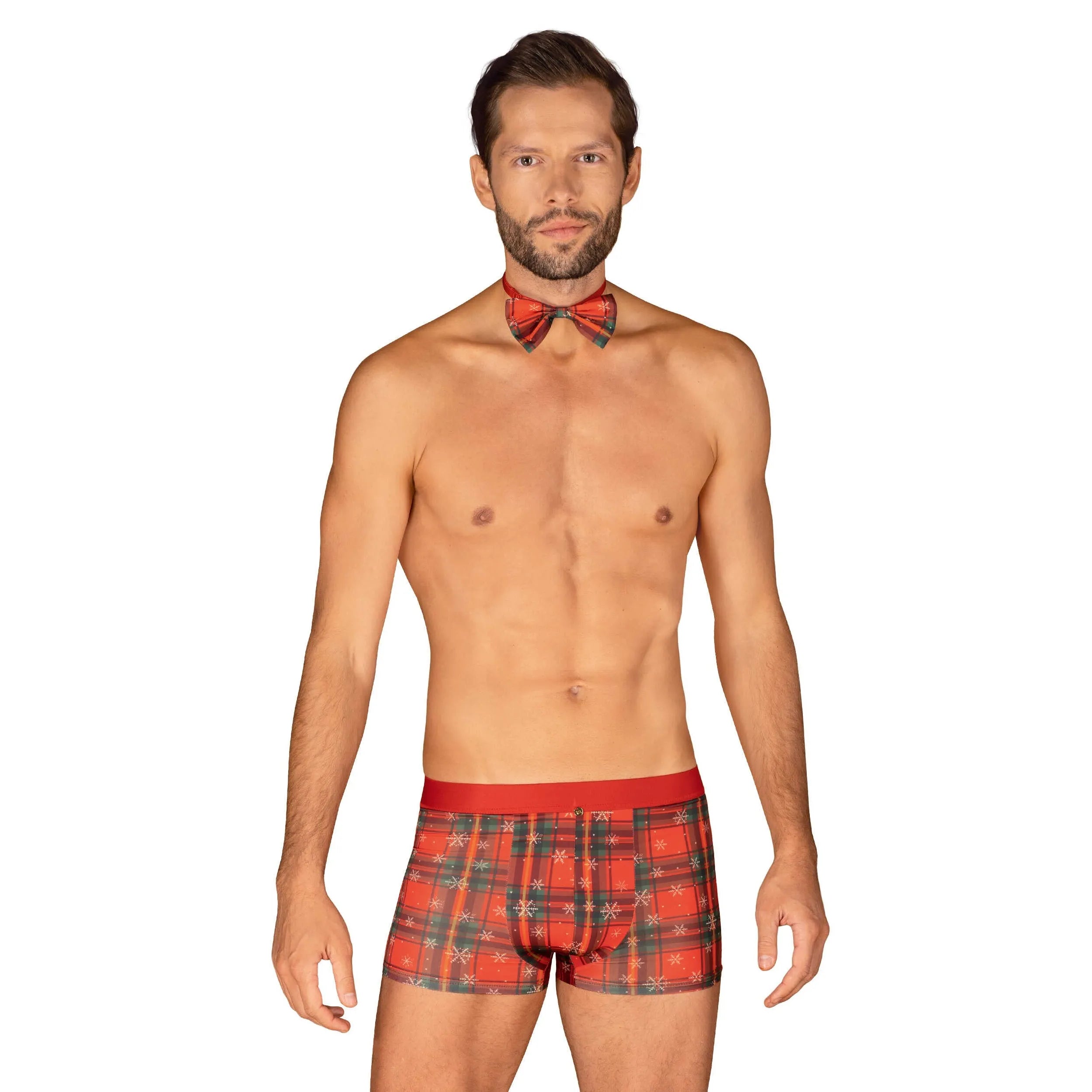 Boxer Noël homme rouge avec nœud papillon et pendentif or