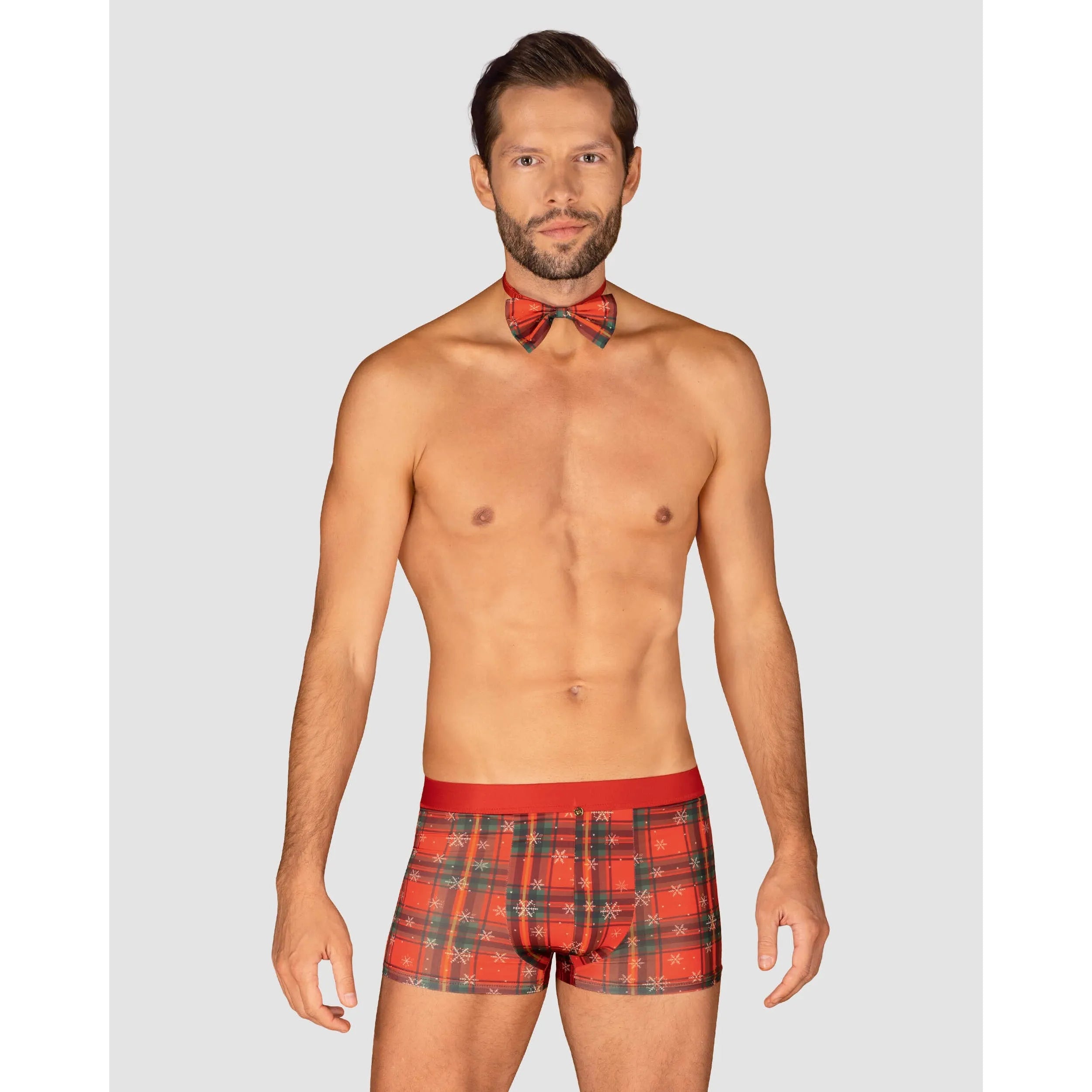 Boxer Noël homme rouge avec nœud papillon, motif festif et pendentif or, élégant et original pour fêtes de fin d'année.