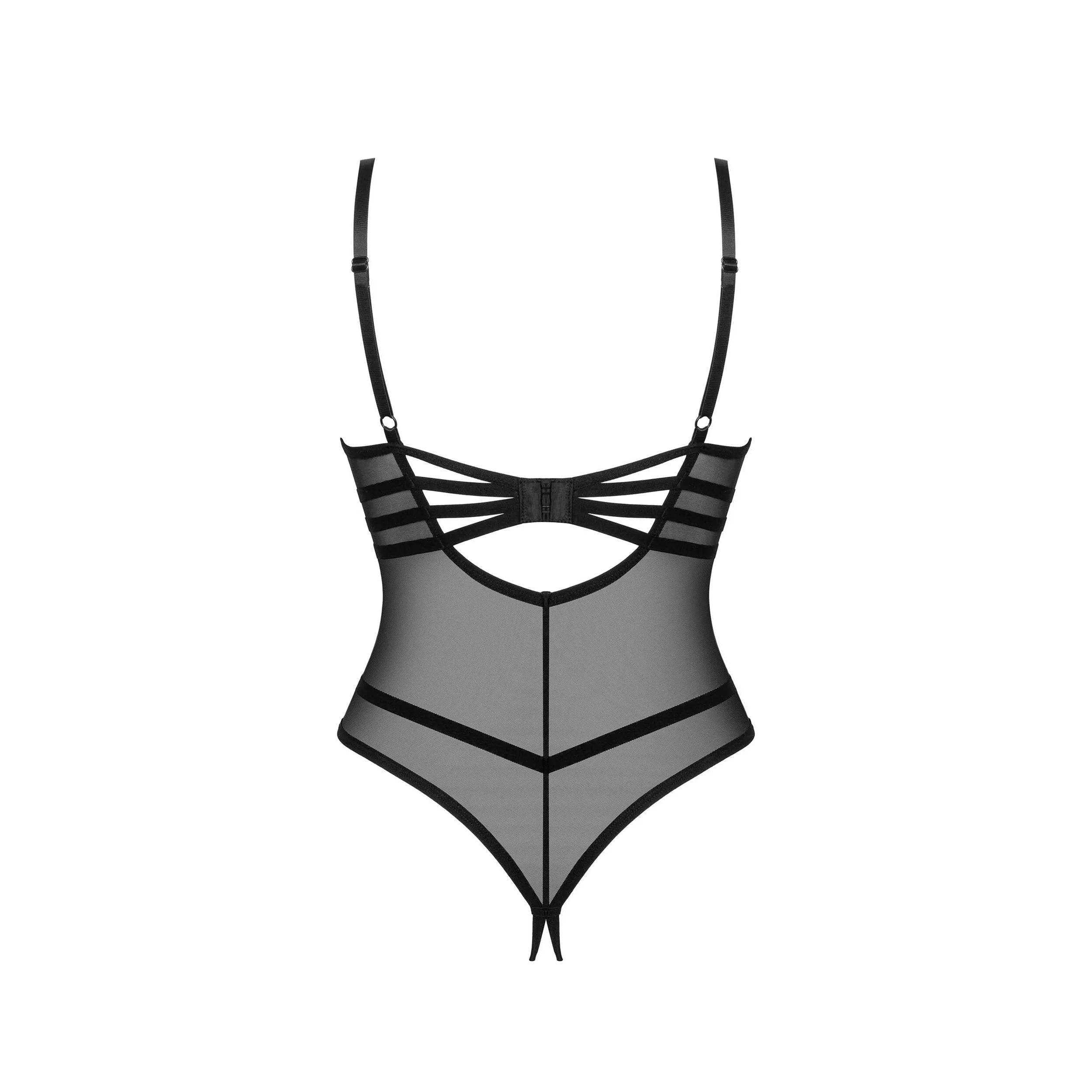 Body ouvert noir Roxelia, détails argentés, maille fine, design sensuel et luxueux, coupe audacieuse et élégante.
