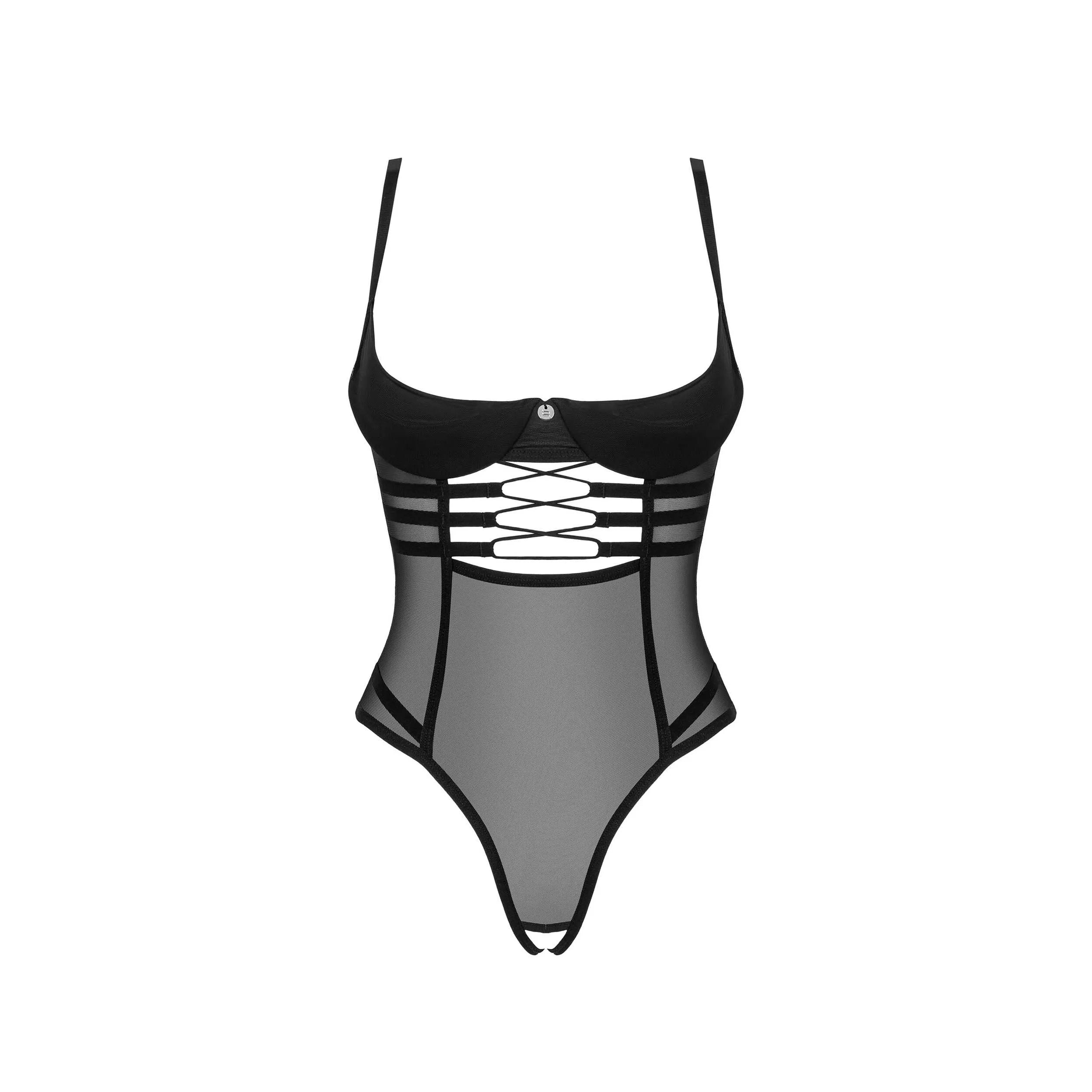 Body ouvert noir Roxelia, détails argent, maille raffinée, coupe audacieuse, allure sensuelle, lingerie luxe.