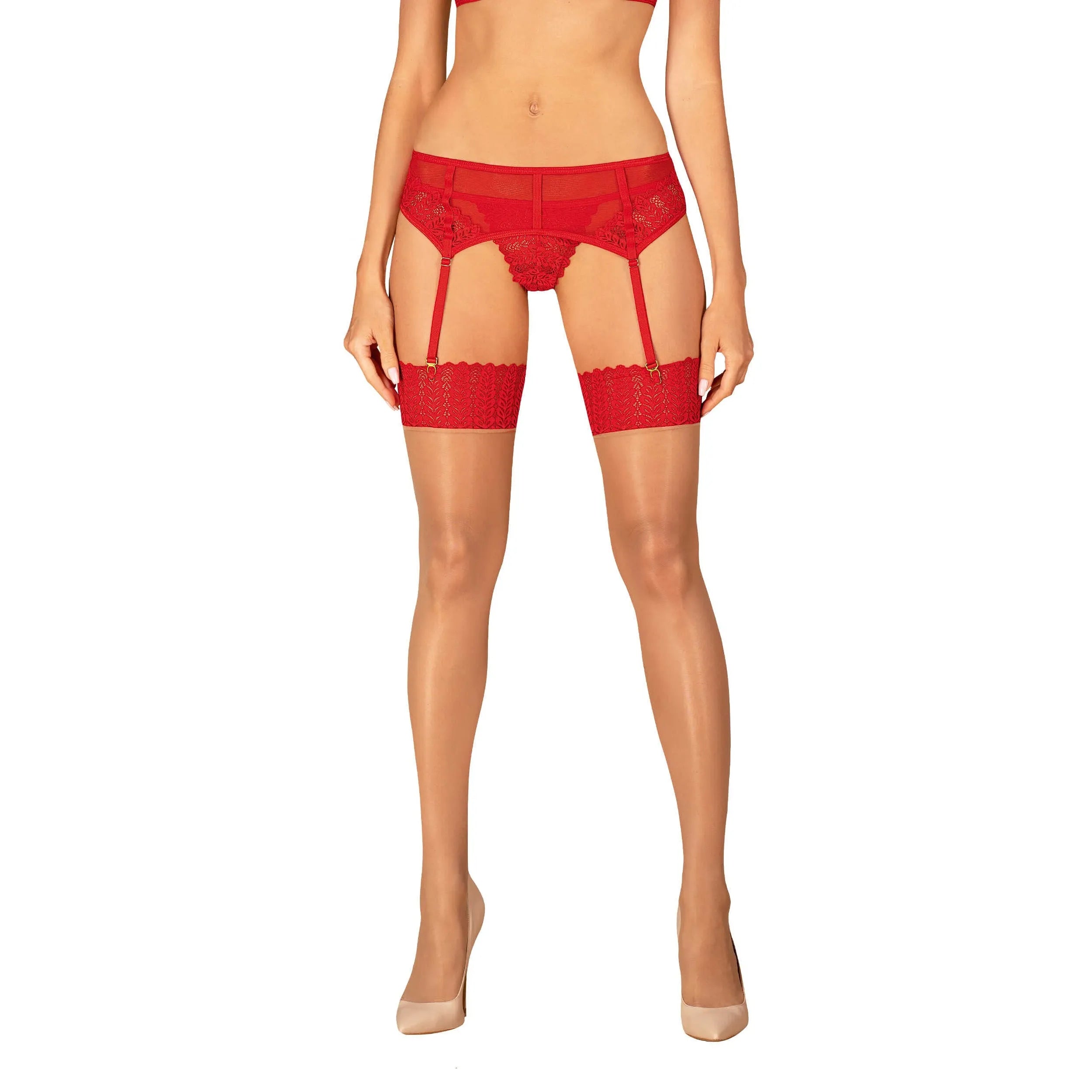 Bas sexy nude dentelle rouge finition sophistiquée jambes affinées