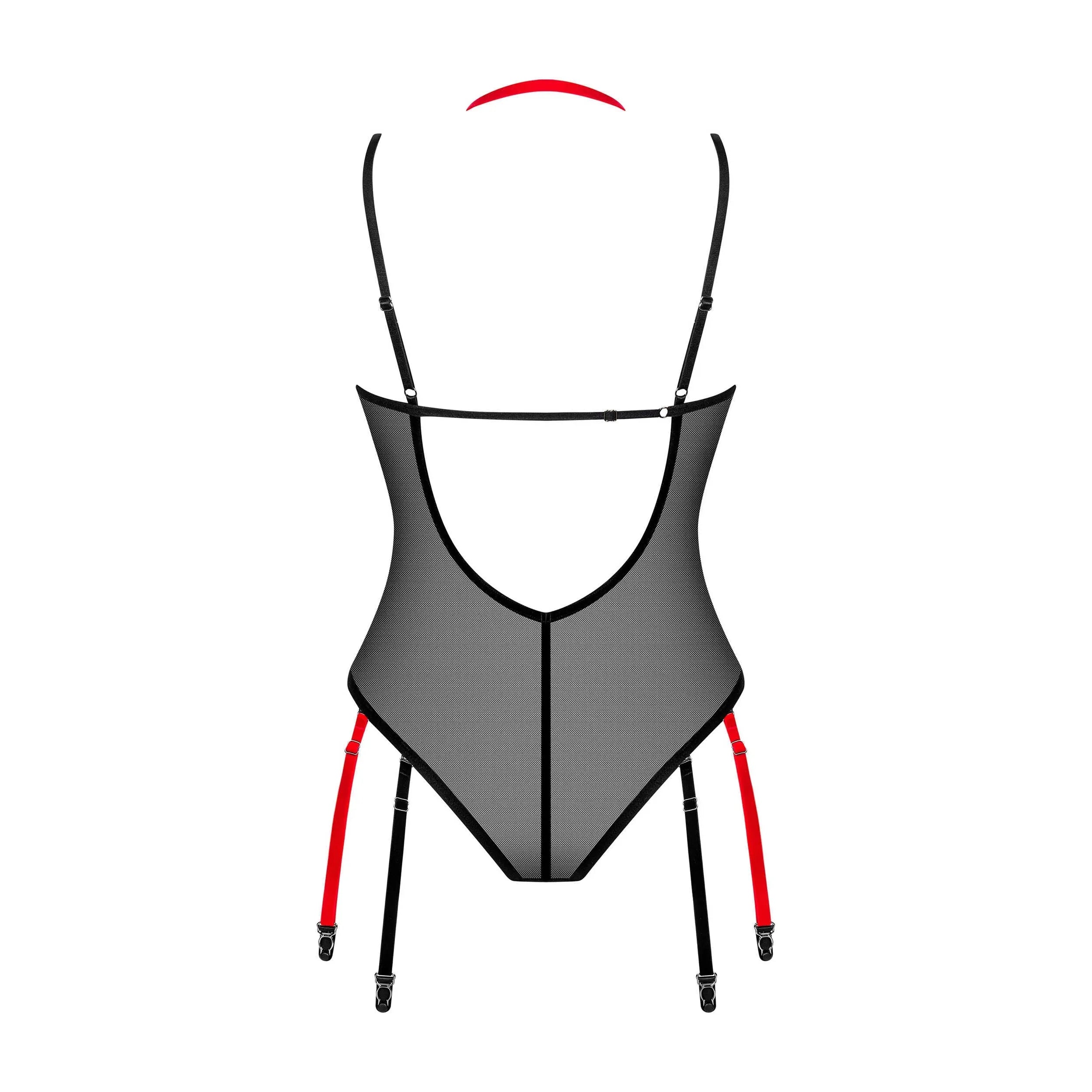 Body noir transparent dos nu avec pendentif brillant et jarretelles détachables, design élégant et féminin.