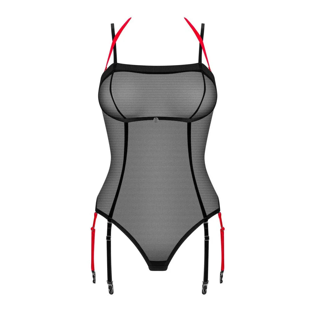 Body noir transparent dos nu avec pendentif brillant, jarretelles rouges détachables, design élégant et féminin.