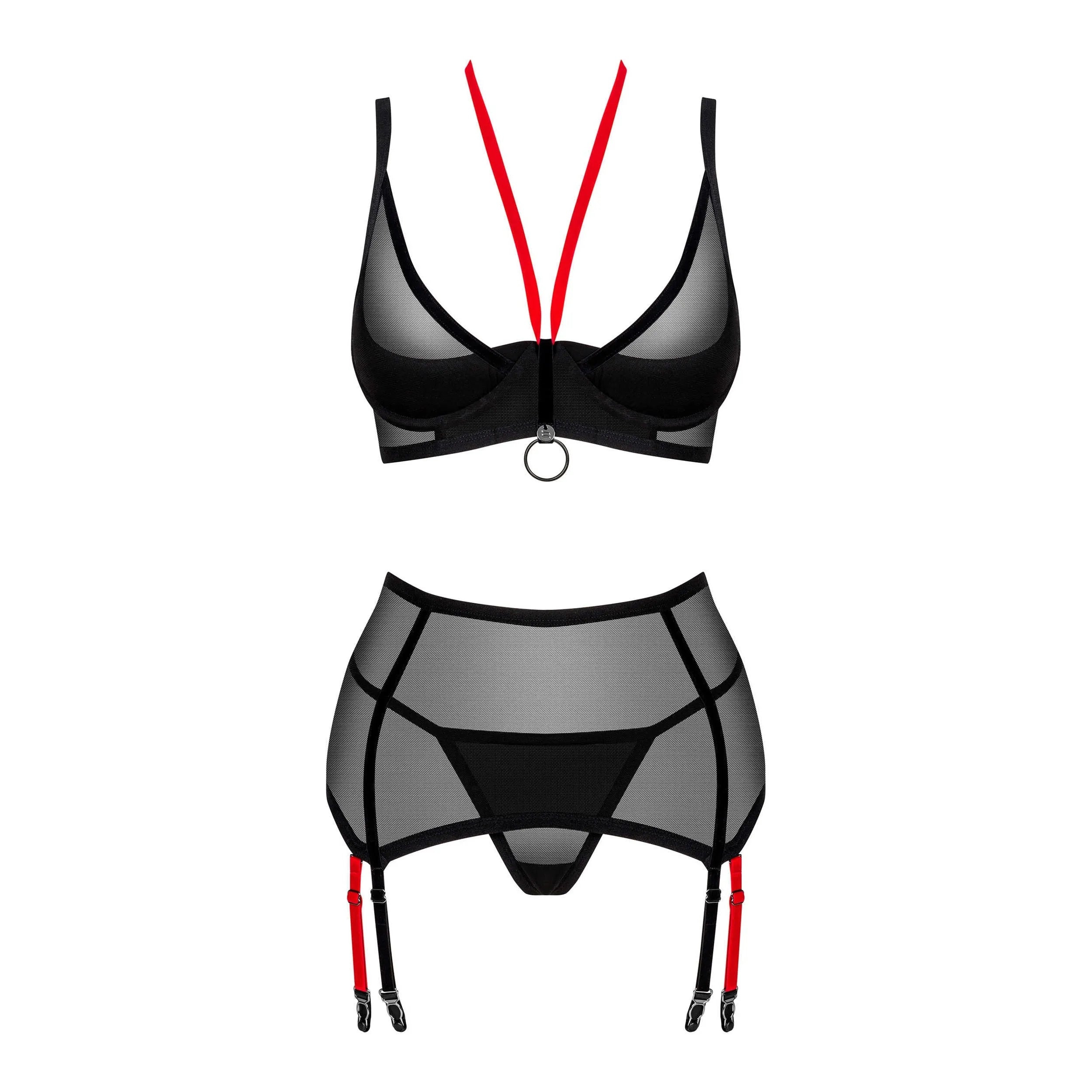 Ensemble lingerie rouge noir sexy porte-jarretelles réglable velours transparent