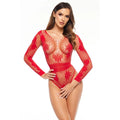 Body sexy résille rouge motif fleurs manches longues ceinture taille S/L