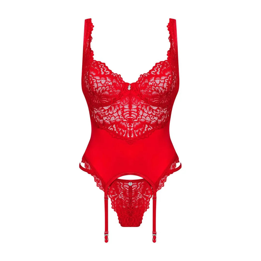 Guêpière rouge intense avec dentelle, bretelles réglables et string assorti, design séduisant et élégant.