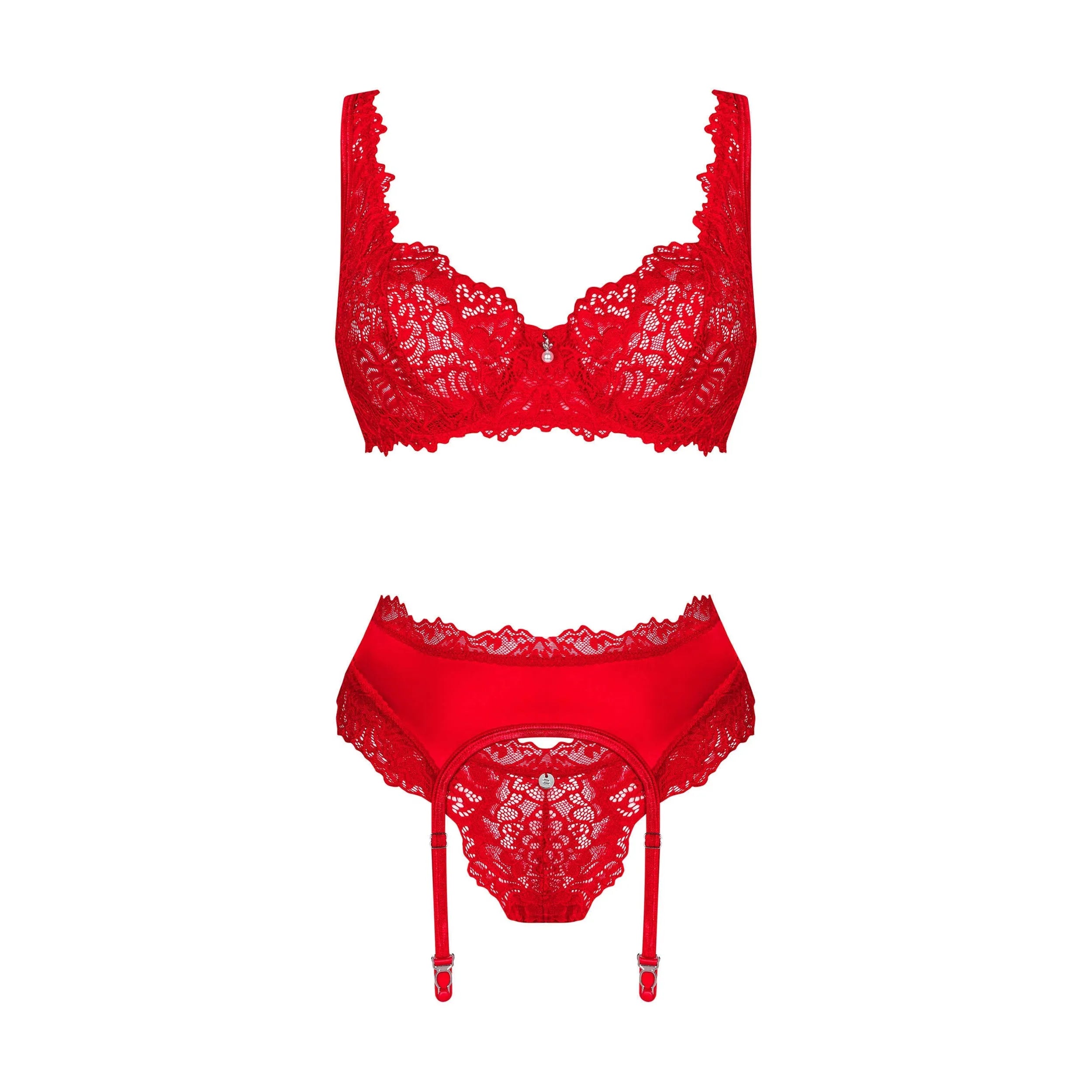 Ensemble lingerie rouge Amor Cherris 3 pièces: soutien-gorge, string, porte-jarretelles en dentelle, détails raffinés.