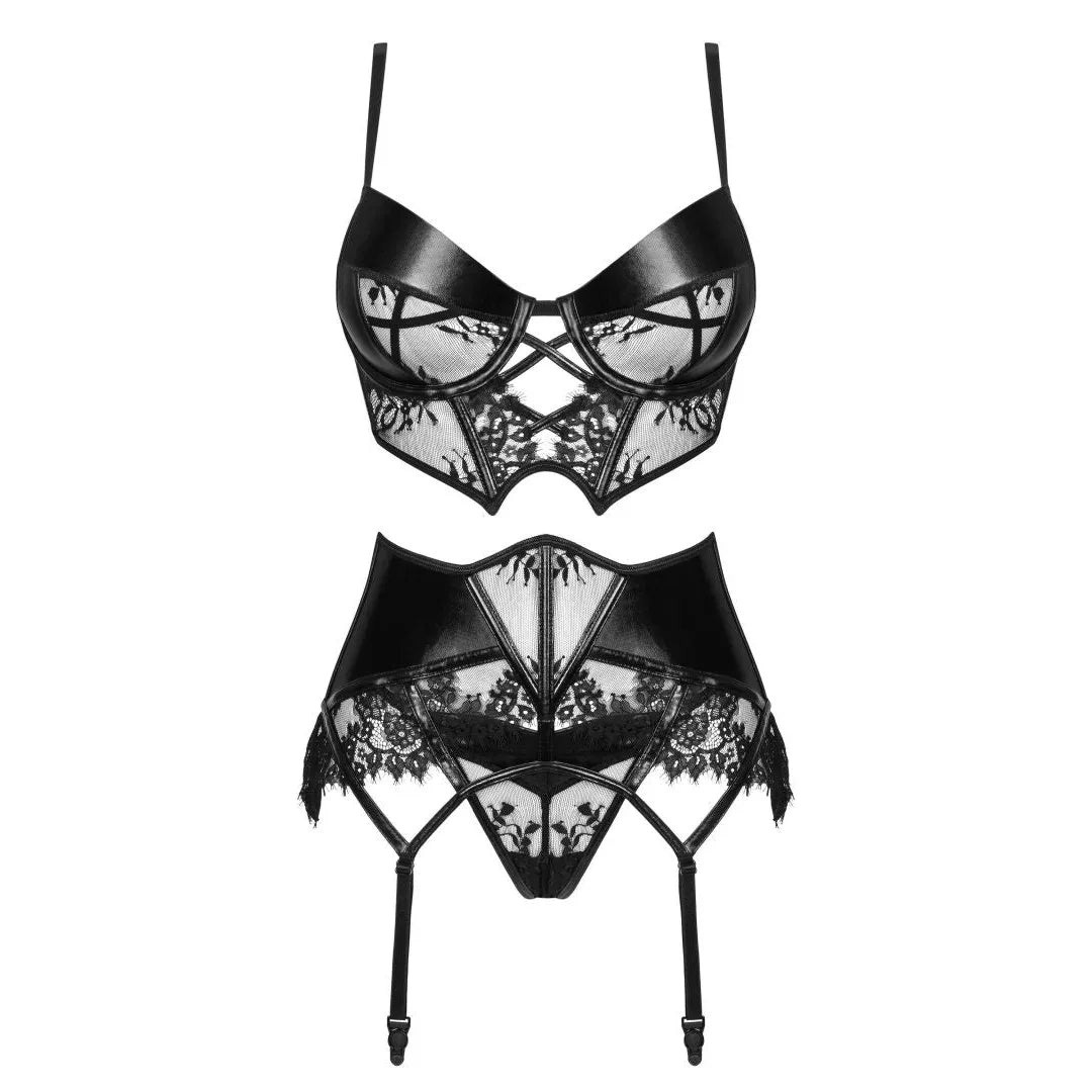 Ensemble érotique noir Leonela dentelle effet mouillé soutien-gorge corset baleines