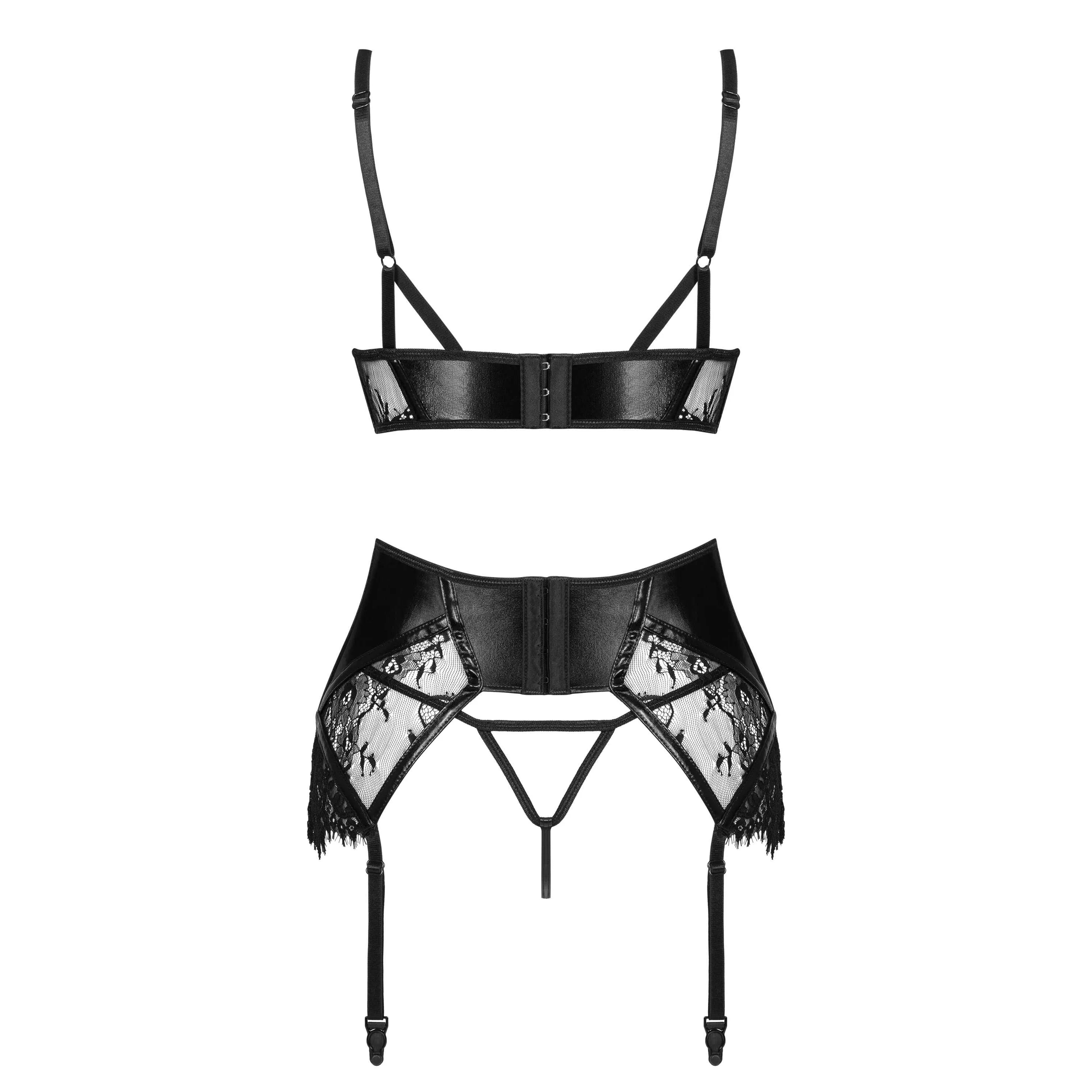 Ensemble érotique noir Leonela dentelle effet mouillé soutien-gorge corset baleines