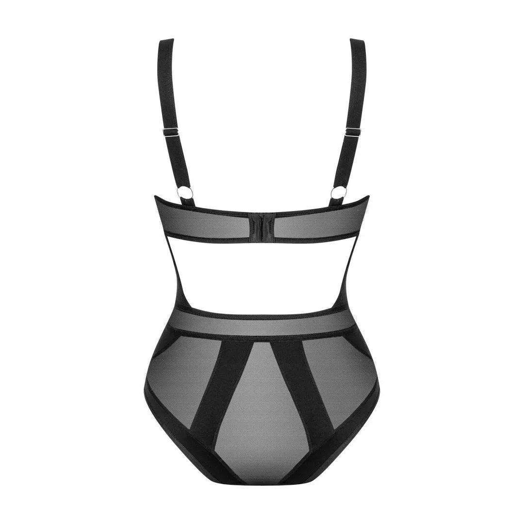 Body noir Chic Amoria avec bretelles réglables, armatures et pendentif argent, design élégant et ajustement parfait.