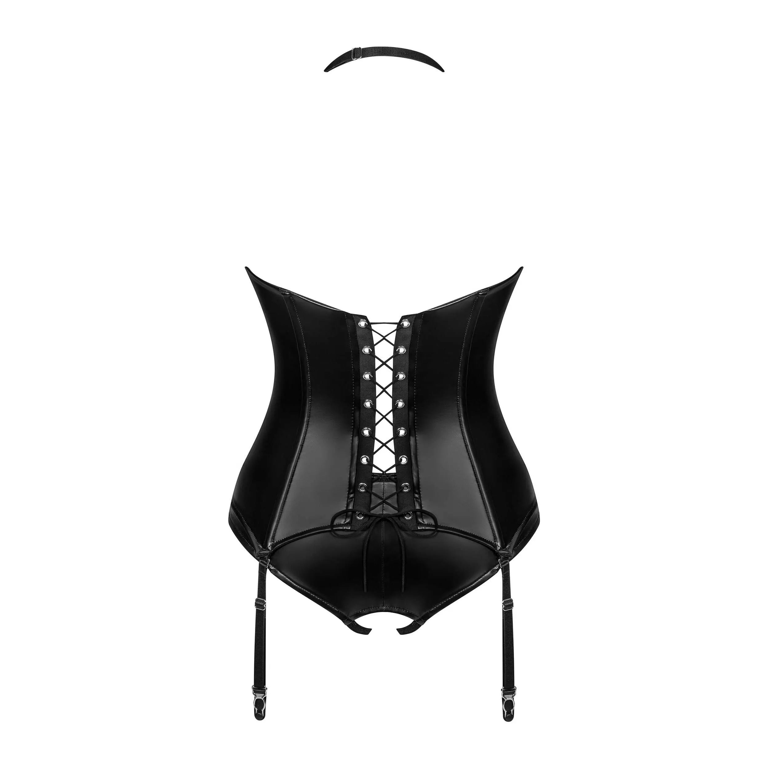 Corset noir séduction entrejambe ouvert laçage ajustable porte-jarretelles amovibles