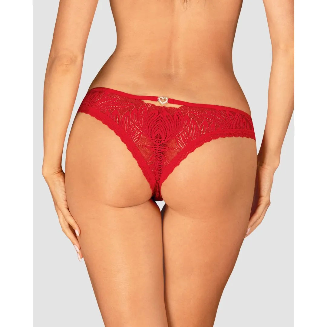 Culotte dentelle rouge avec zircons cœur, design élégant et confortable, vue arrière, lingerie féminine raffinée.