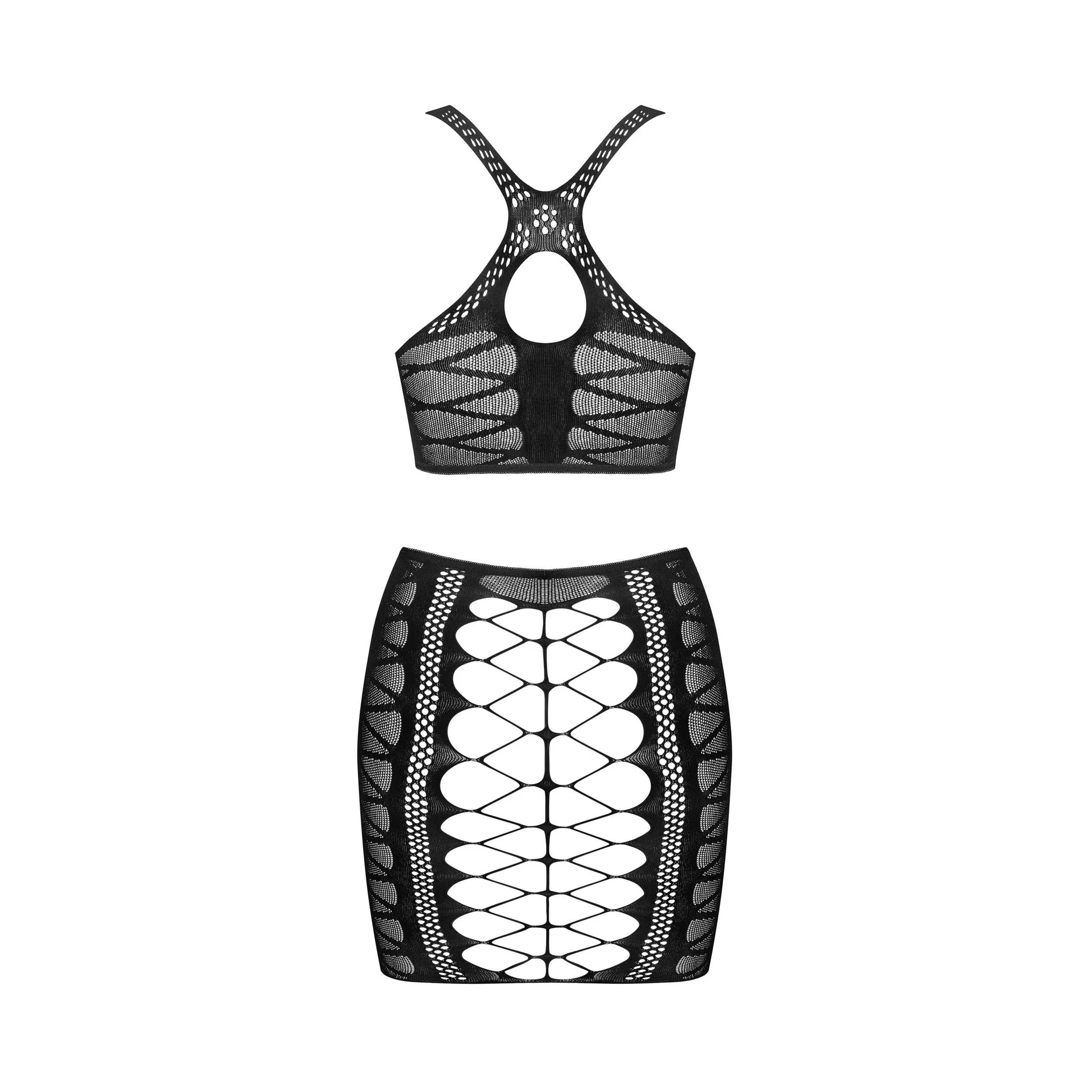 Ensemble jupe top noir sexy découpe ajustée silhouette féminine 90% nylon